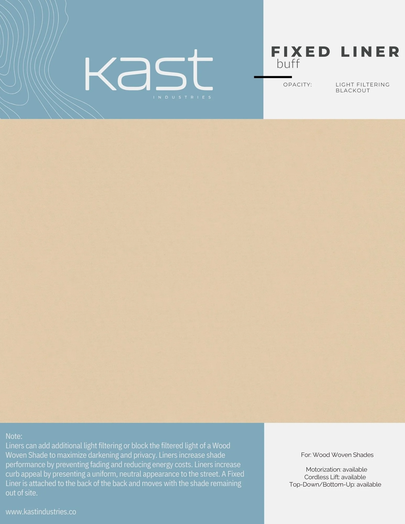 Packaging for Kast Industries fixed linen buff window shade with light filtering blackout opacity. Contains notes on usage and installation, and mentions compatibility with motorization, cordless lift, and top-down/bottom-up options.