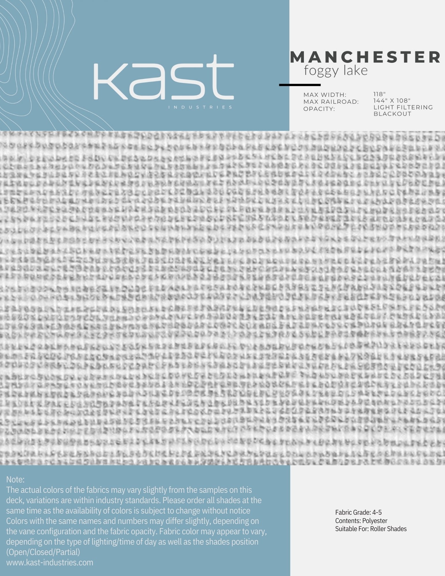 Sample fabric swatch with blue and white weave pattern, part of a fabric sample deck for curtain or roller shade materials, labeled 'Manchester foggy lake' by Kast Industries