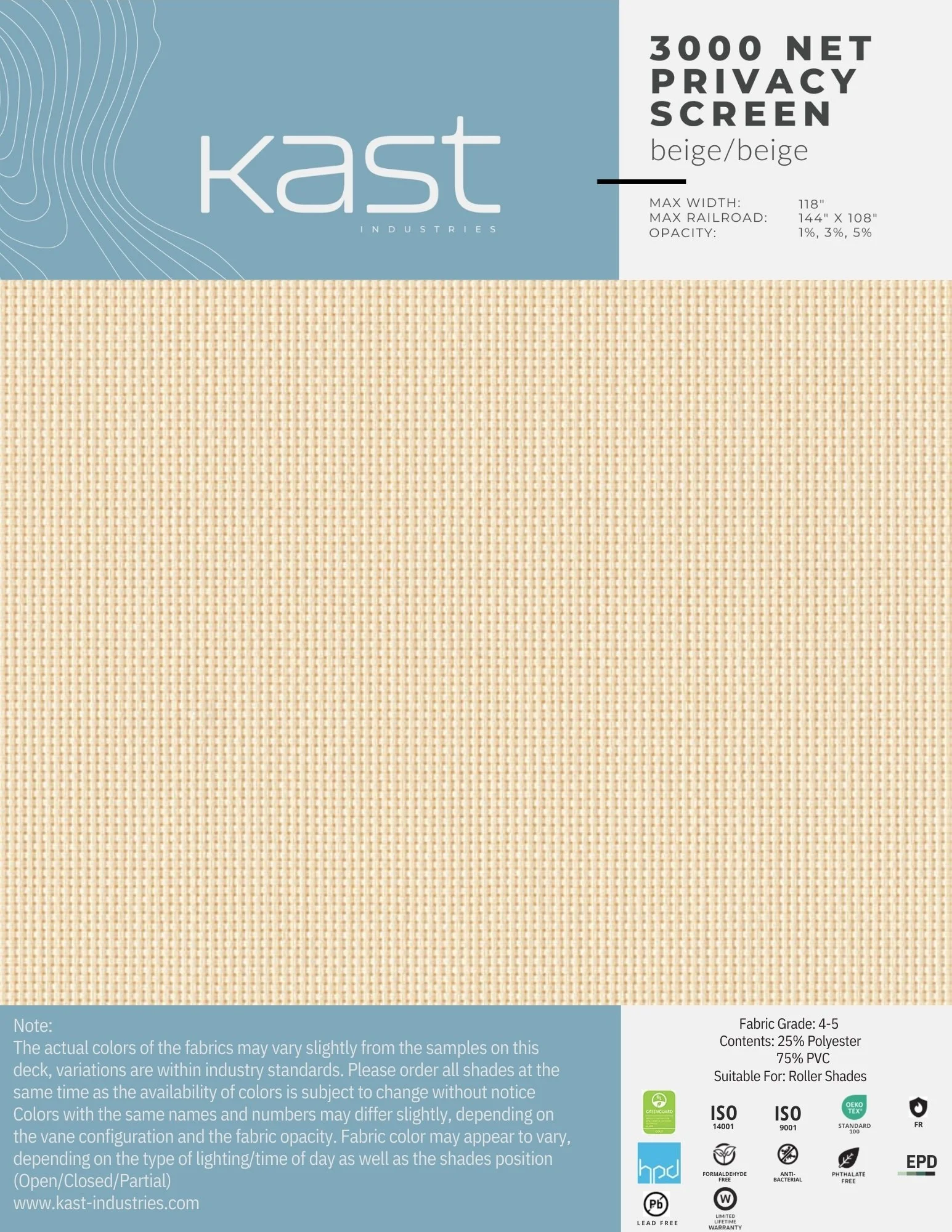 Packaging for Kast Industries 3000 net privacy screen in beige, with a woven fabric appearance.