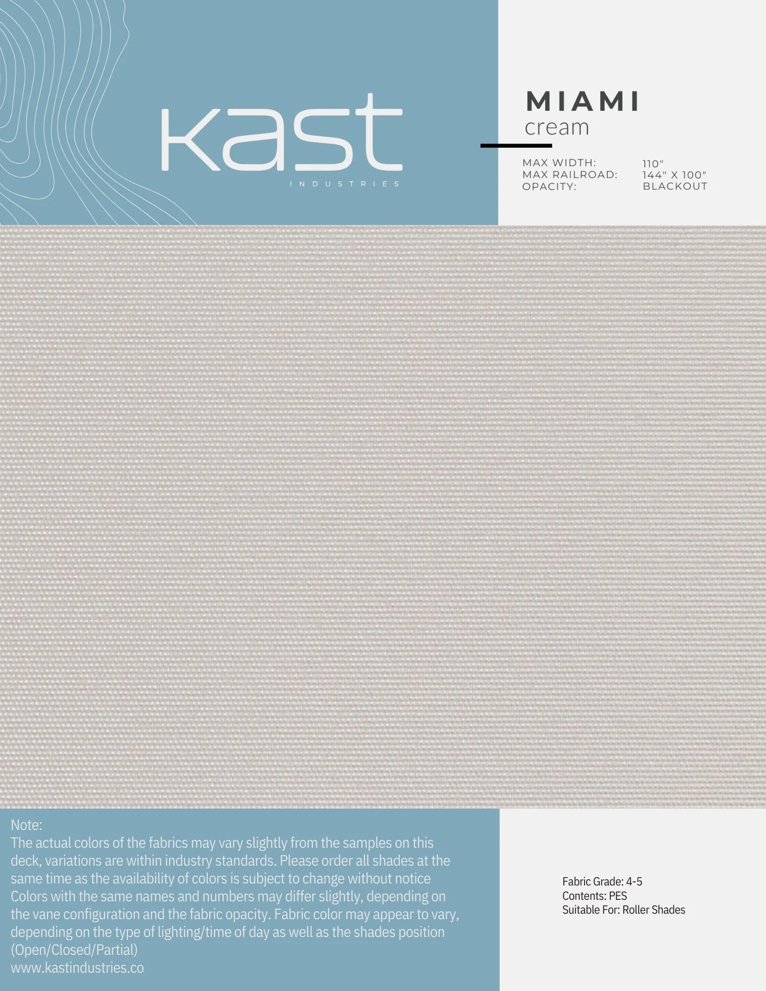 Sample swatch of Miami cream fabric from Kast Industries, showing a light beige color with a subtle texture, suitable for roller shades.