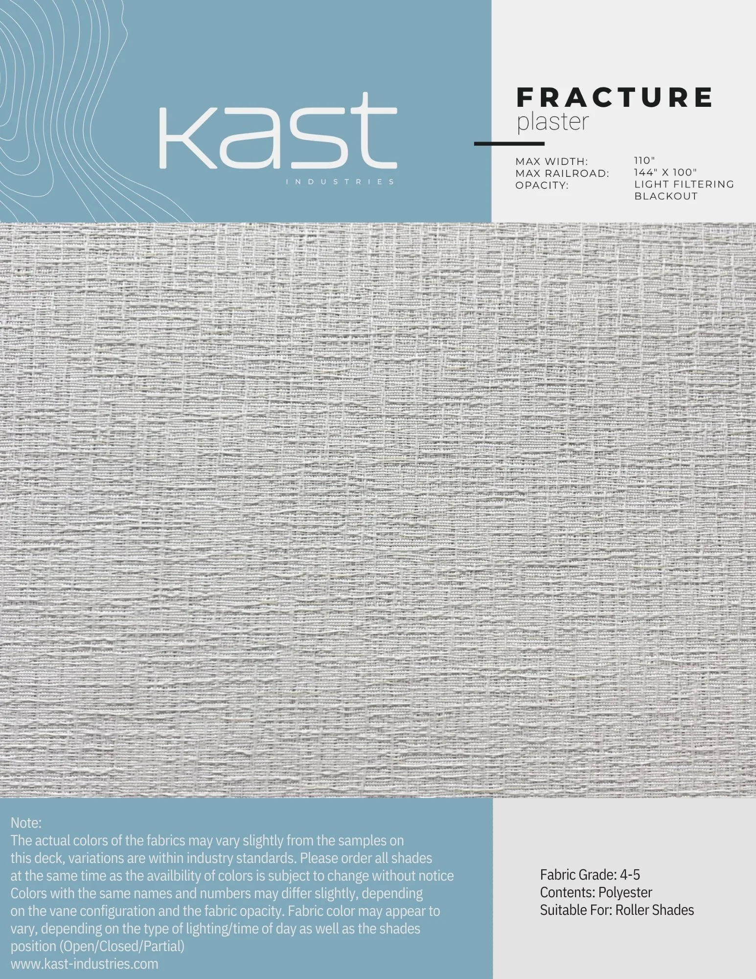 Packaging for Kast Industries fracture plaster fabric, light-colored woven textile material, with specifications and usage details printed on the label.