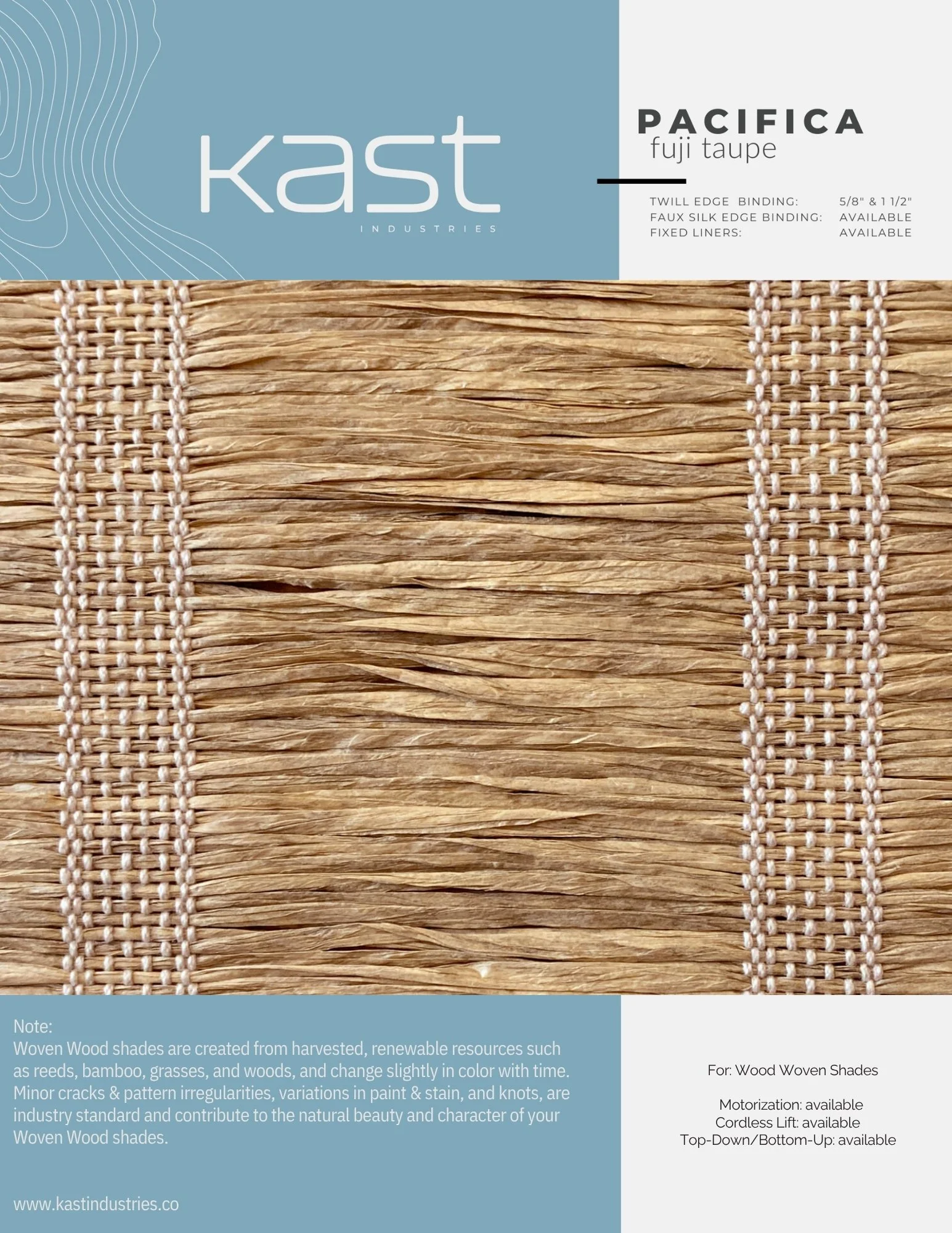 Packaging for Kast Industries Pacifica Fuji Taupe woven wood shade with a natural, textured appearance, featuring decorative trim, and product details and information on the label.