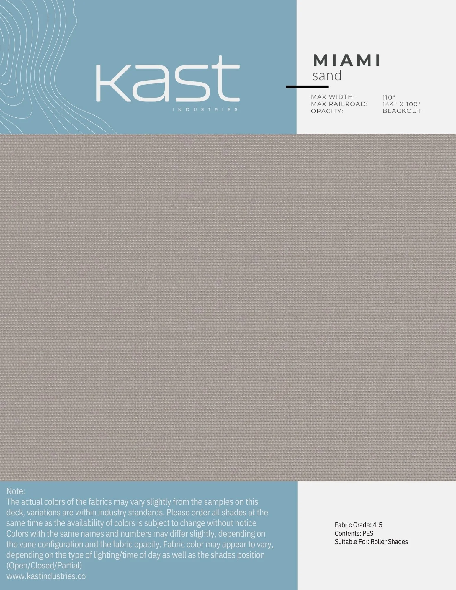Sample of Kast Industries sand fabric in a neutral beige color, suitable for roller shades.
