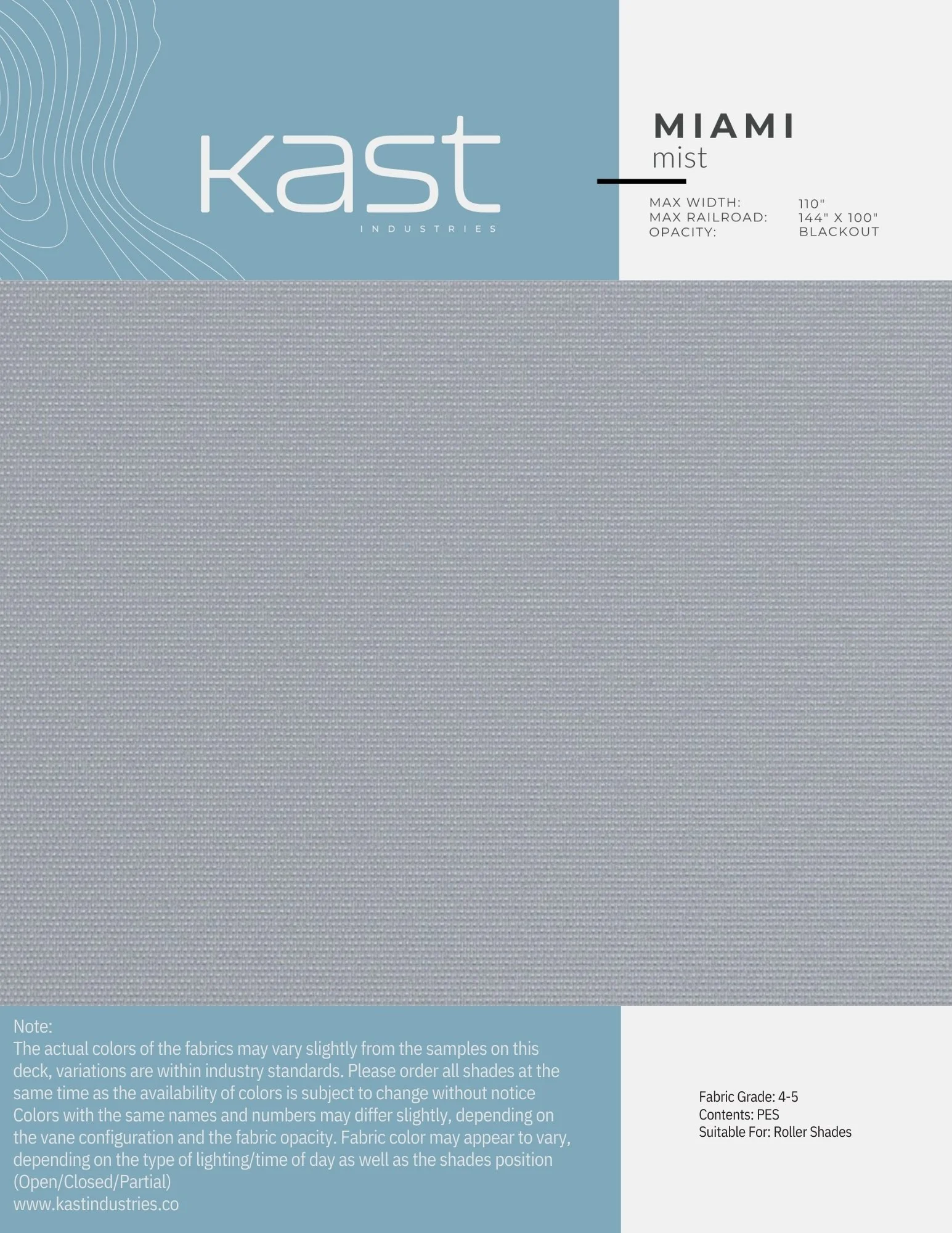 Swatch of grey fabric with subtle textured pattern, labeled as Kast Industries Miami Mist, suitable for roller shades with a grade of 4-5, described as blackout opacity and dimensions 110 inches by 144 inches.