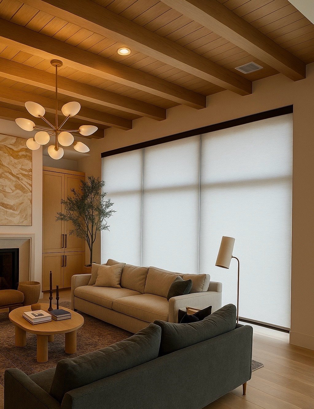 Modern living room with wooden ceiling beams, a large window with white blinds, a beige couch, a dark green armchair, a wooden coffee table, decorative books, candles, a table lamp, and a tall indoor plant.