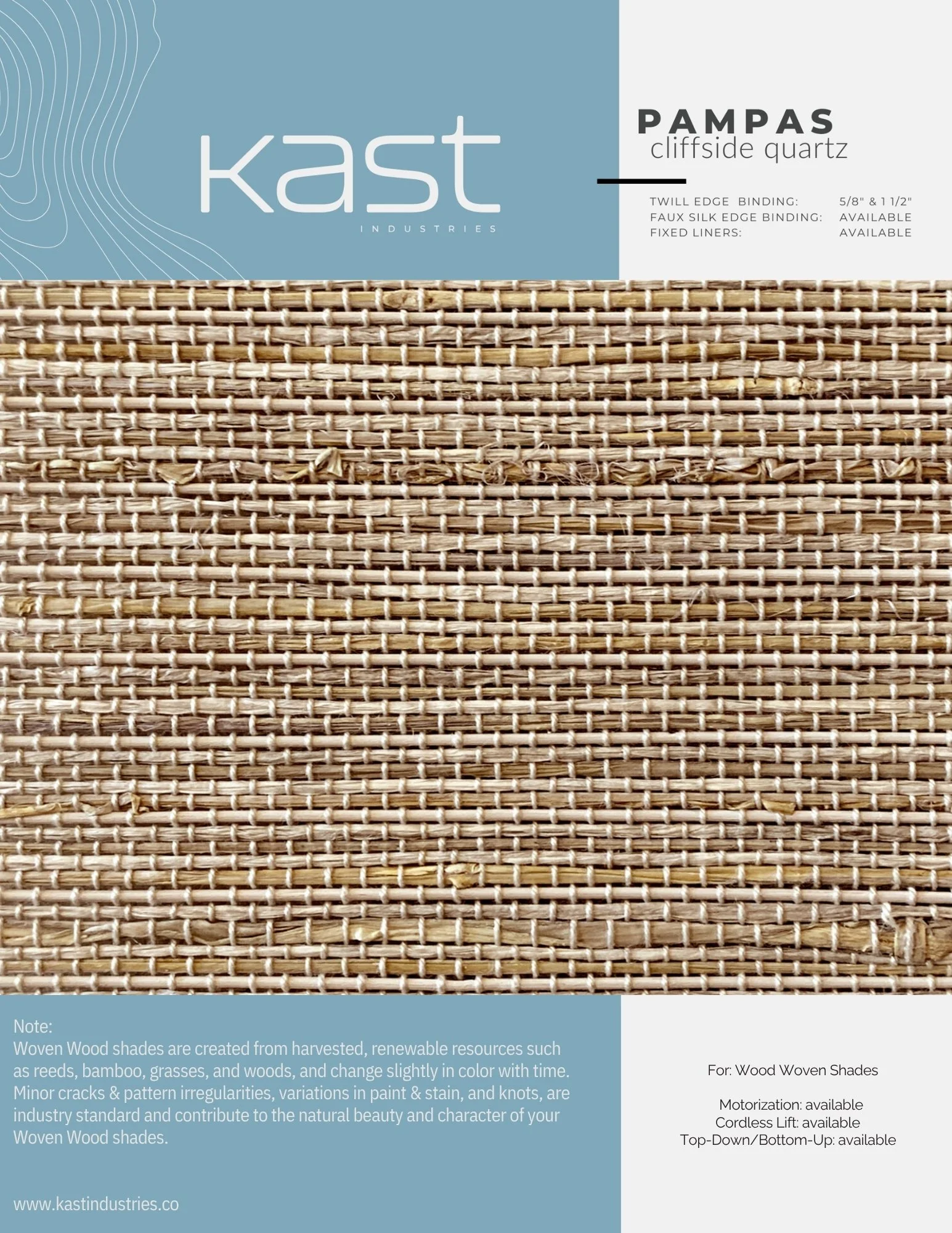 Close-up of a woven wood shade with packaging label from Kast Industries, indicating it is a Cliffside Quartz color, made with twill edge binding, available fixed liners, and suitable for wood-woven shades.