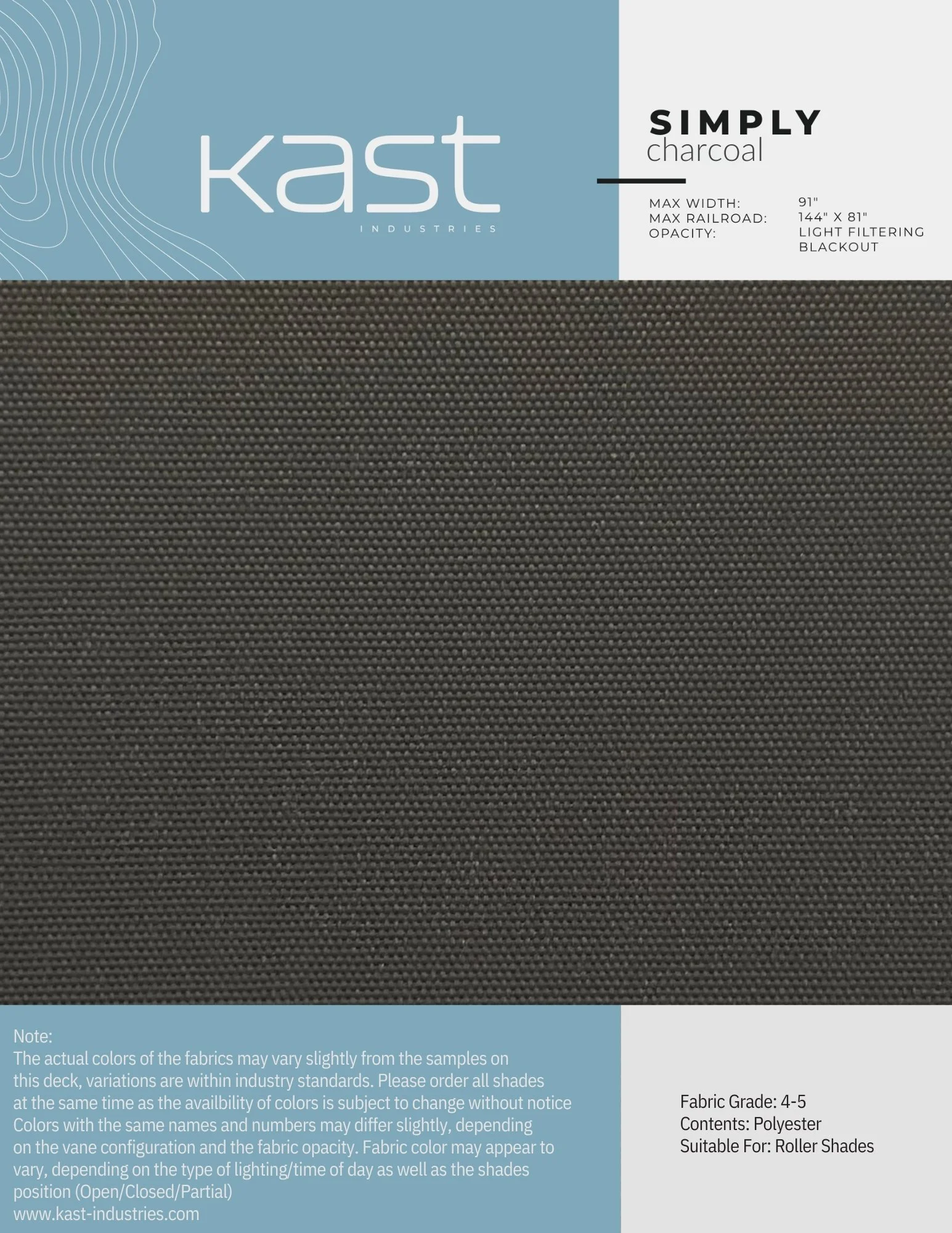 Image of Kast Industries Simply Charcoal roller shade fabric with a dark charcoal color, textured surface, and product specifications.