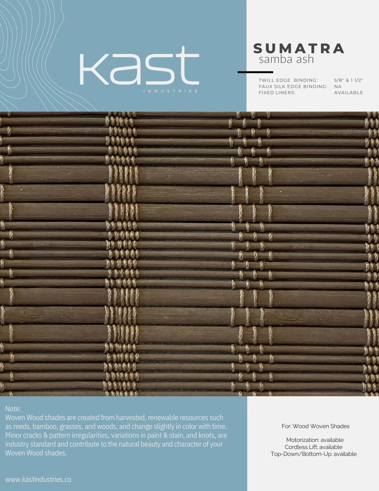 Packaging for Kast Industries wood woven shades in Sumatran Samba Ash color, featuring a woven bamboo design with alternating dark and light brown strips.