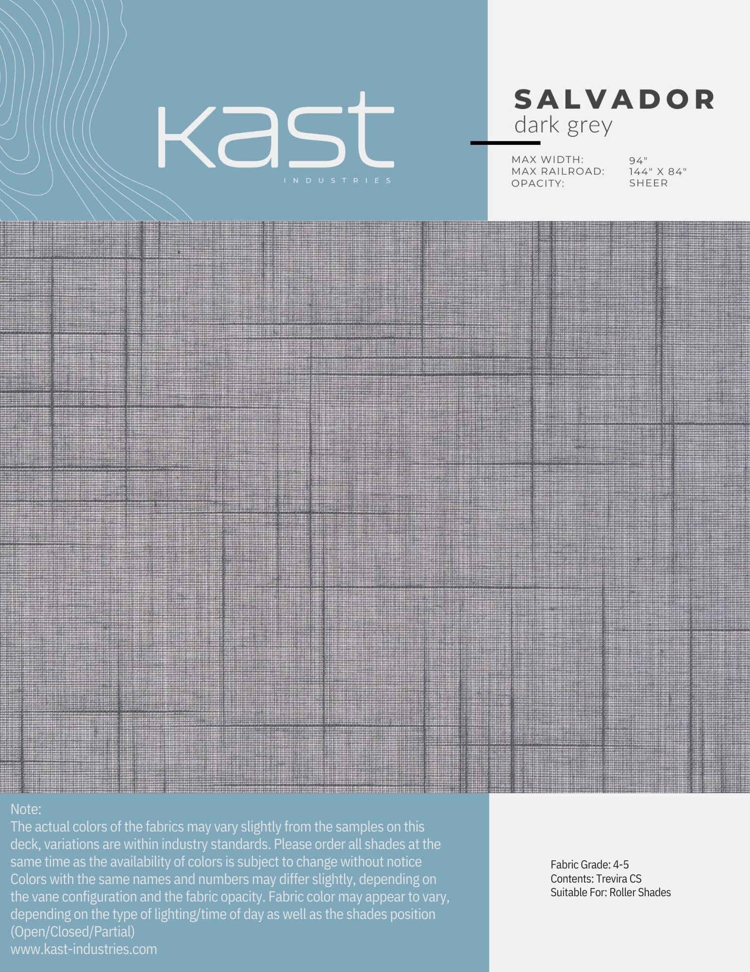 Sample fabric swatch in dark grey with a plaid pattern from Kast Industries, labeled Salvador with opacity sheer, suitable for roller shades.