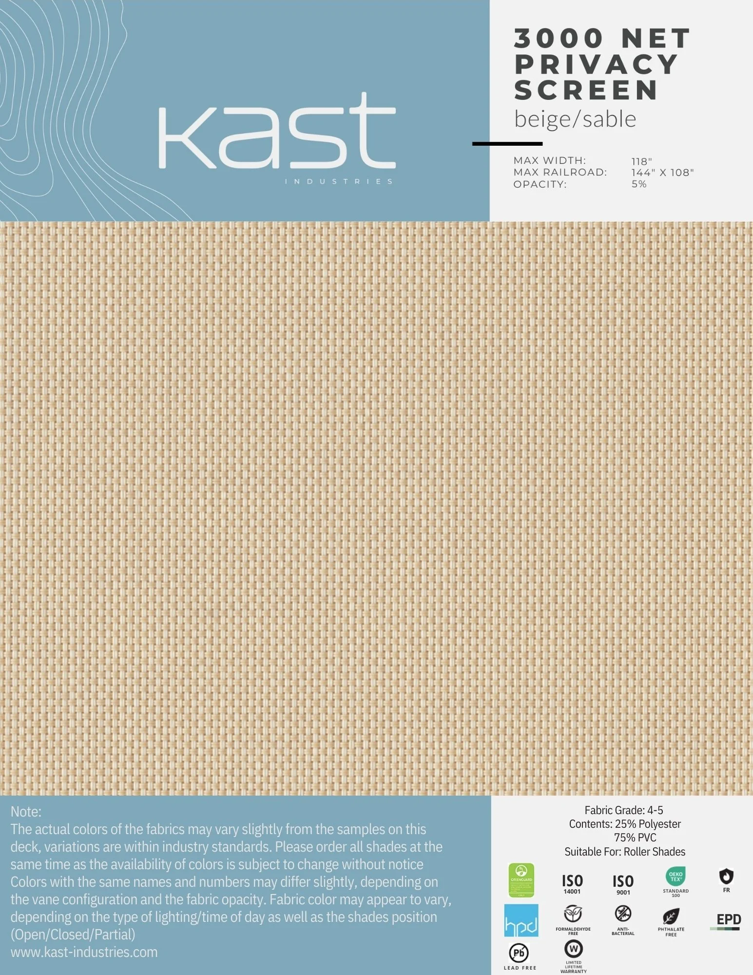 Packaging for Kast Industries 3000 net privacy screen in beige color, showing fabric pattern and product specifications, suitable for roller shades.