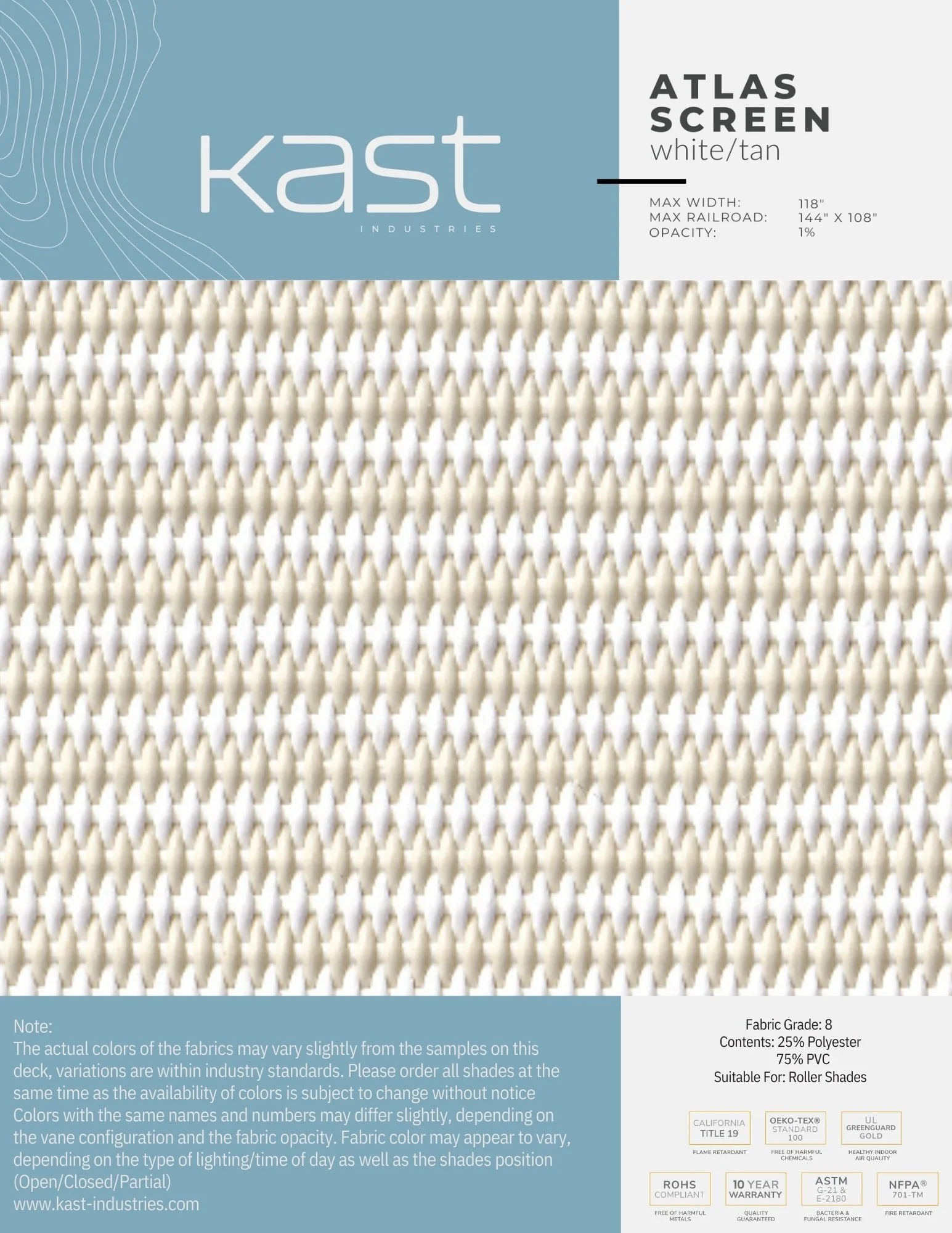 Sample of white and tan textured fabric labeled as Atlas Screen by Kast Industries, suitable for roller shades with specifications on width, opacity, and standards.