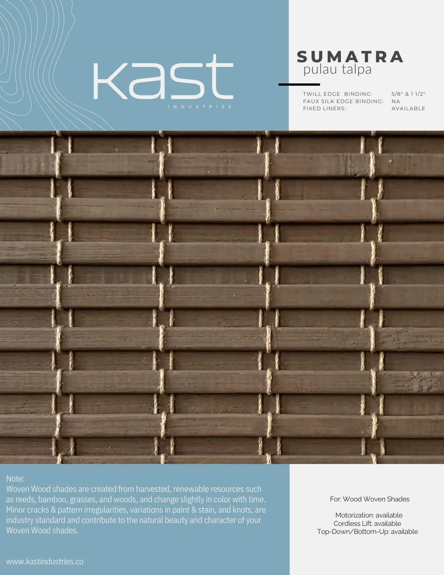 Packaging of Kast Industries wood woven shades in Sumatran pulau talpa color, showing horizontal slats with overlapping pattern, along with product details and manufacturer website.