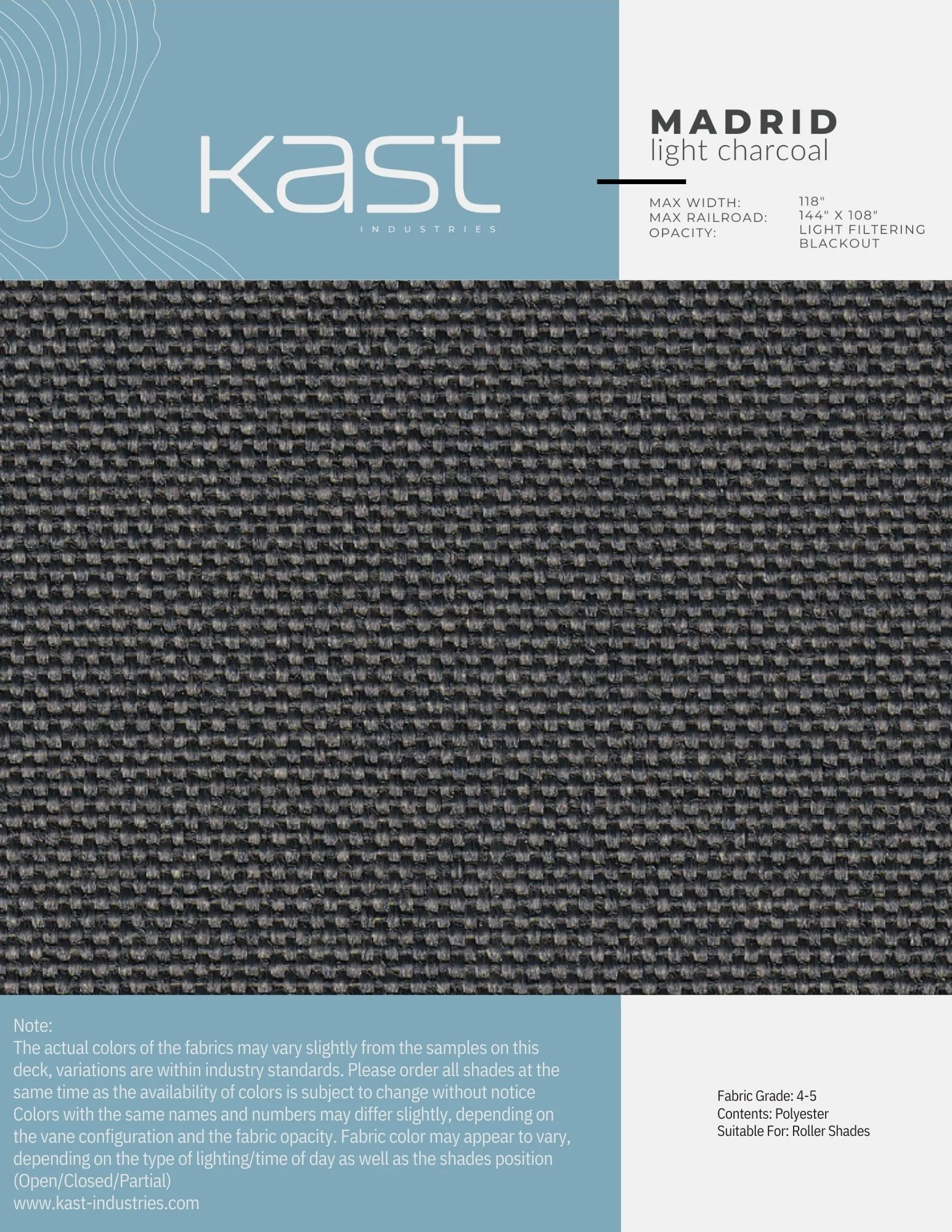 Sample swatch of dark charcoal woven fabric from Kast Industries, used for roller shades, with product details and specifications on the packaging.