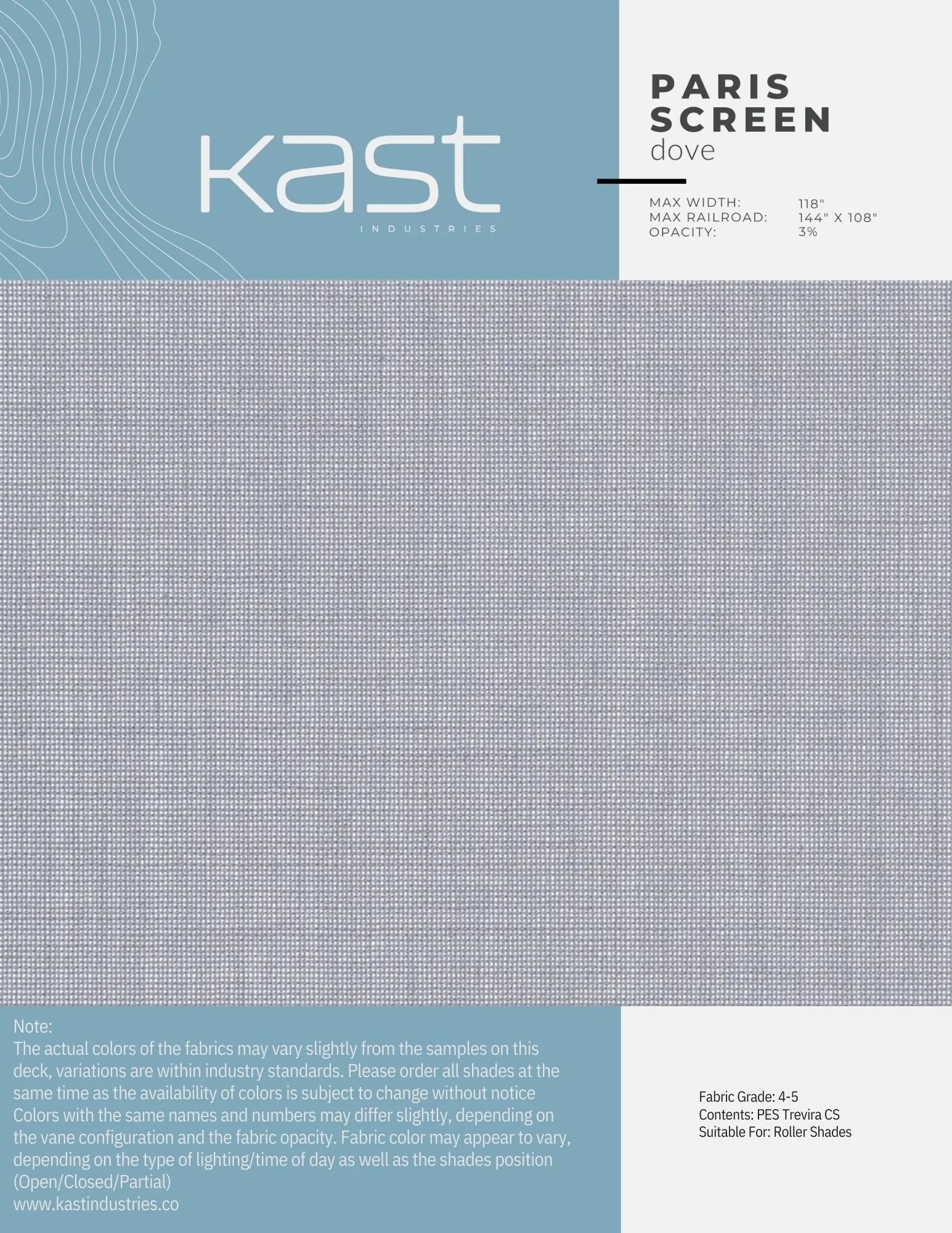Sample fabric swatch in light blue with a fine dotted pattern. The packaging shows it is called 'Paris Screen' by Kast Industries, with specifications for maximum width, railroad, and opacity. It is suitable for roller shades and has a fabric grade o