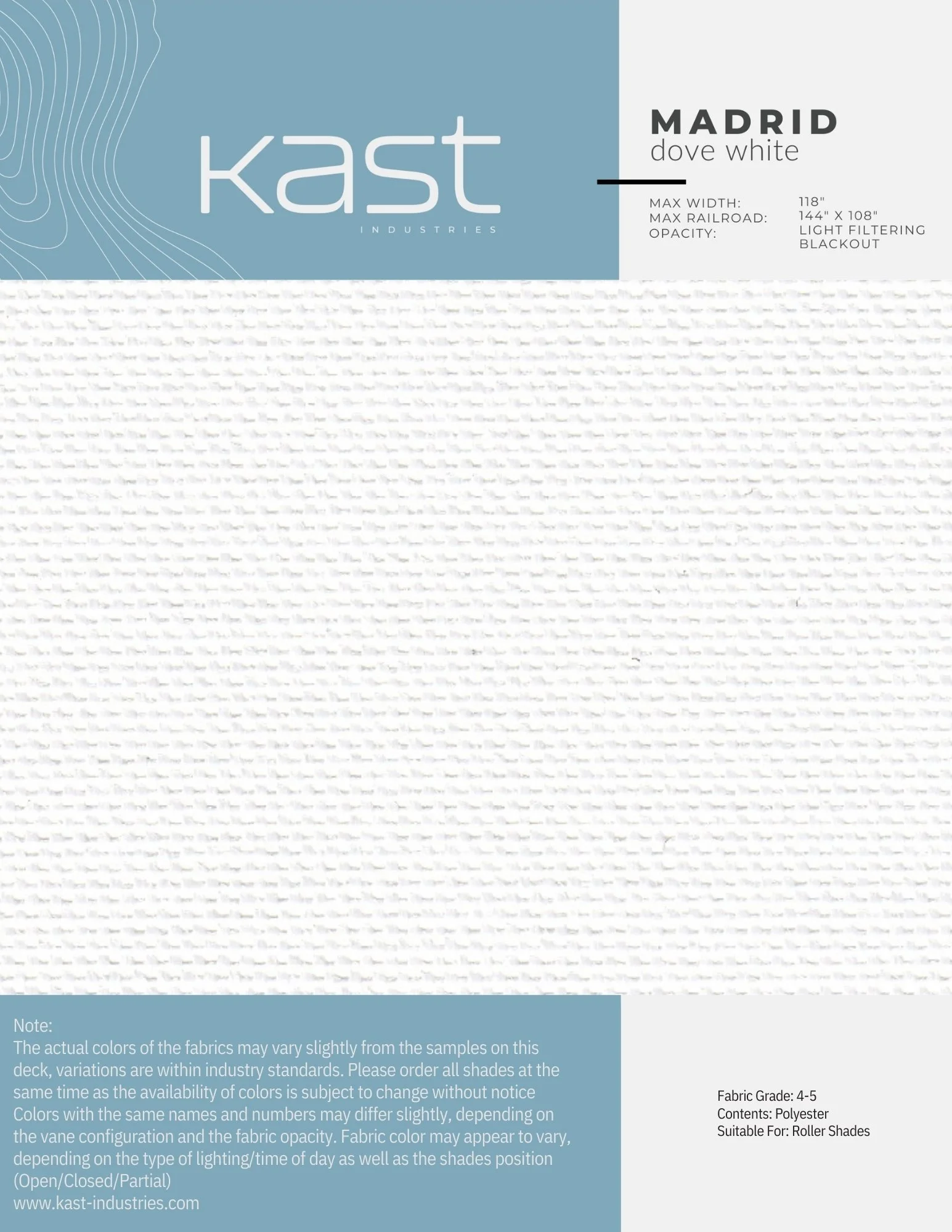 White textured roller shade fabric sample from Kast Industries rated 4-5, made of polyester, suitable for roller shades, with lightweight filtering and blackout options.