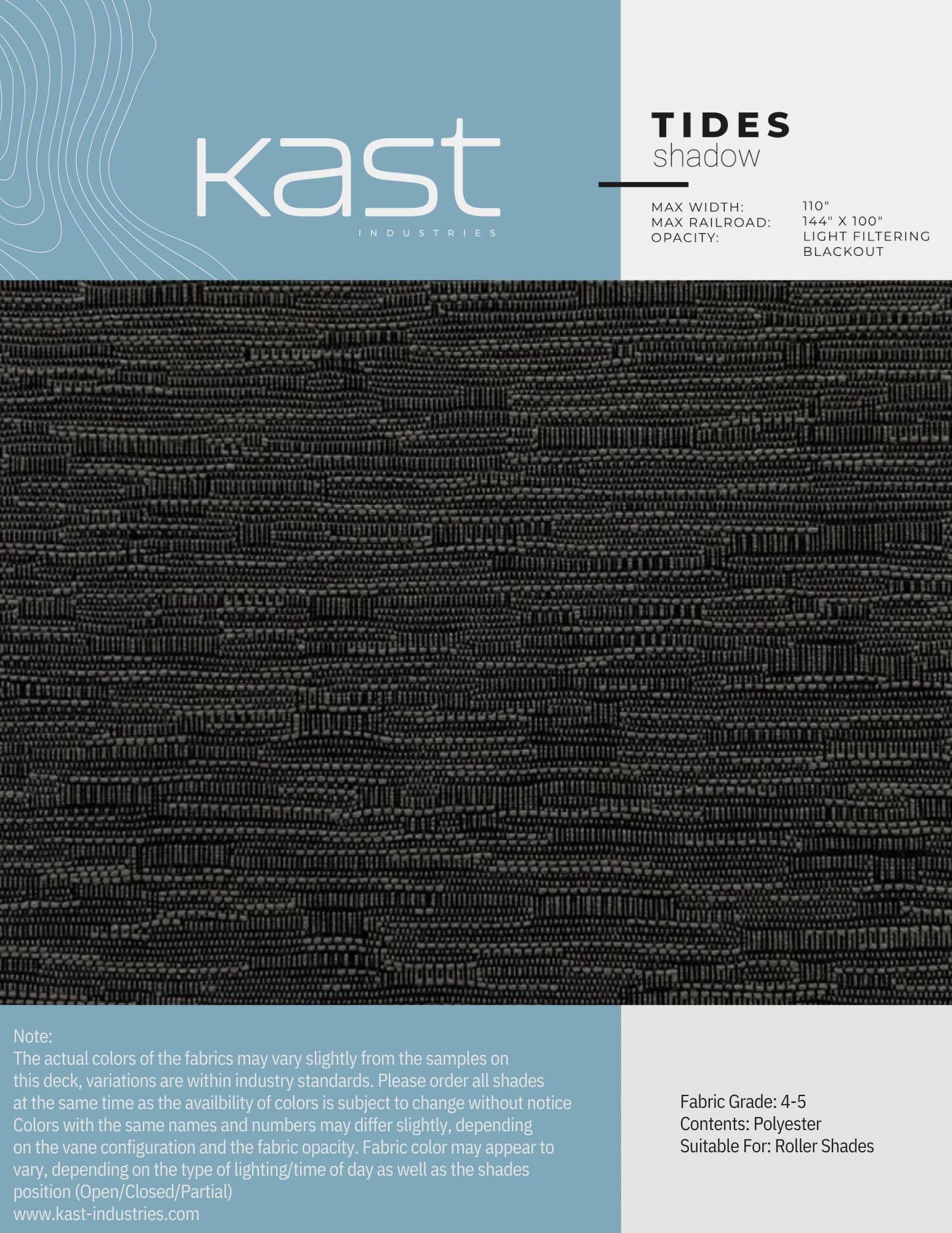 Packaging for Kast Industries Tides Shadow roller shades, showing a black patterned fabric with blue and white label details.