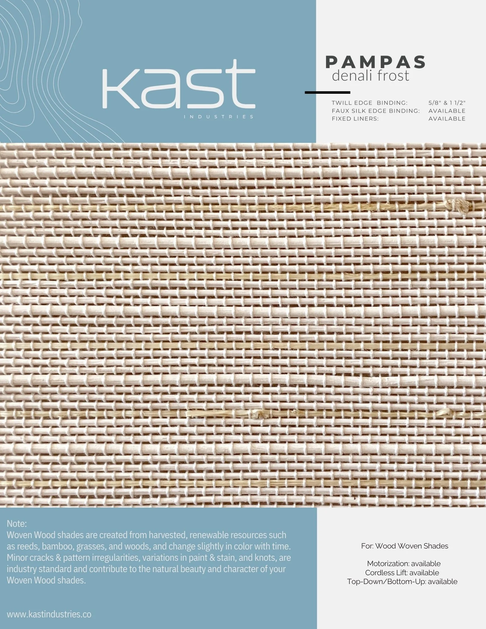 Close-up of woven wood shade with a label indicating it is for wood woven shades, specifically Pampas denali frost color, with details about binding and availability.