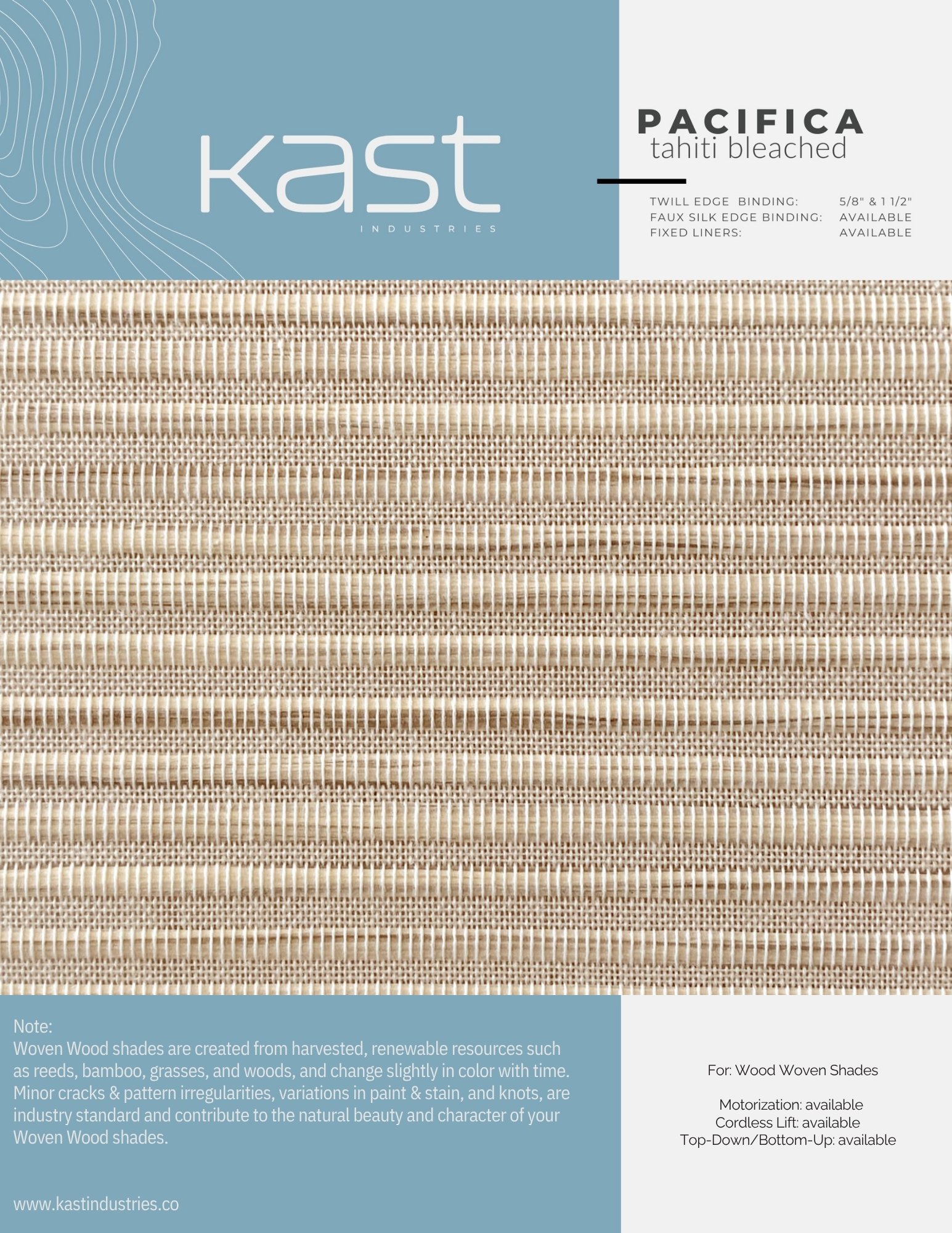 Package of Kast Industries Pacifica Tahiti Bleached woven wood shades with beige and cream horizontal stripes.