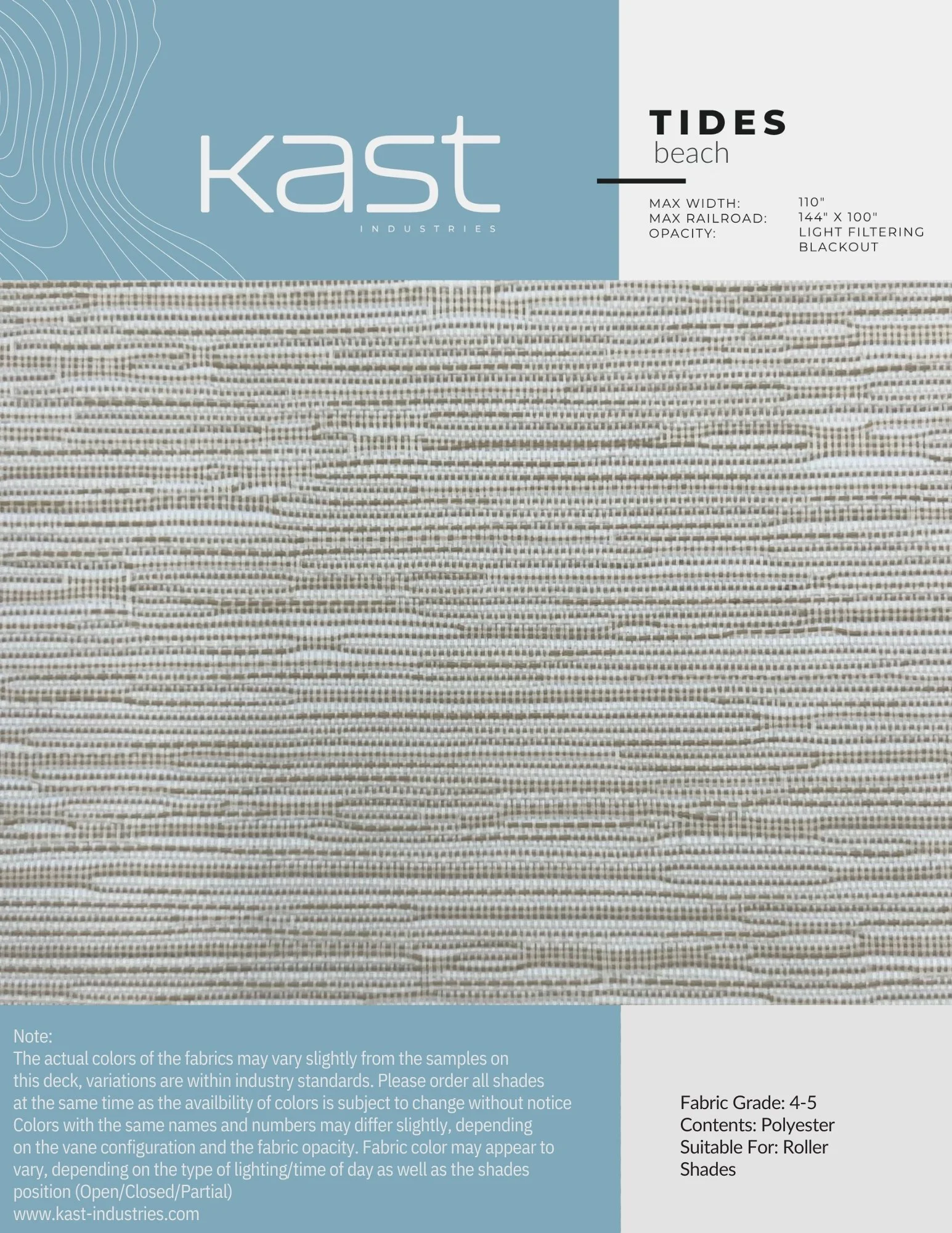 Packaging for Kast Industries beach-themed roller shade with light filtering polyester fabric, measuring 110 inches wide and 144 inches maximum length, featuring a beige and cream woven pattern.