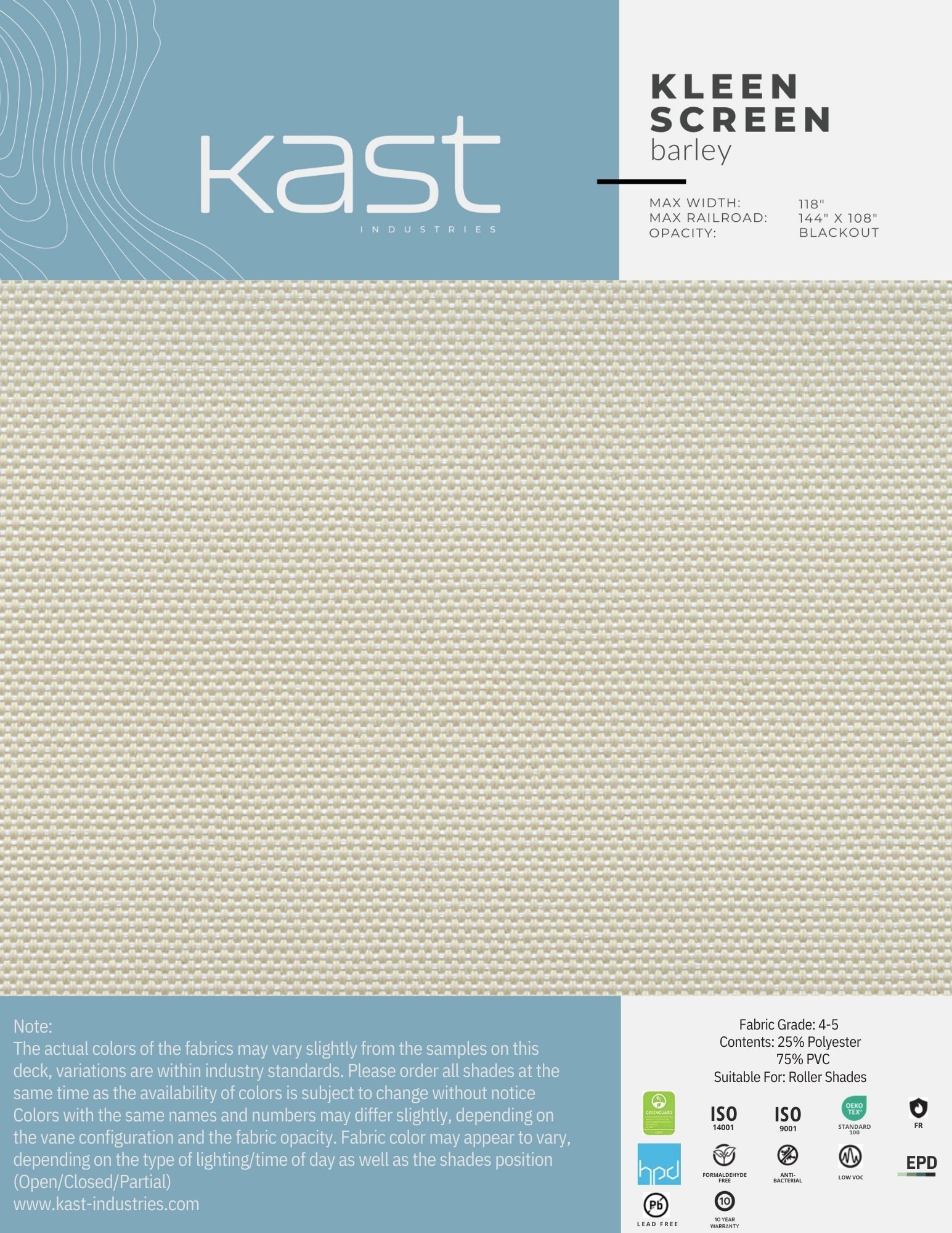 Fabric sample of beige woven polyester material from Kast Industries, labeled as 'Kleen Screen' in barley color, with specifications for max width, railroad, and blackout opacity.