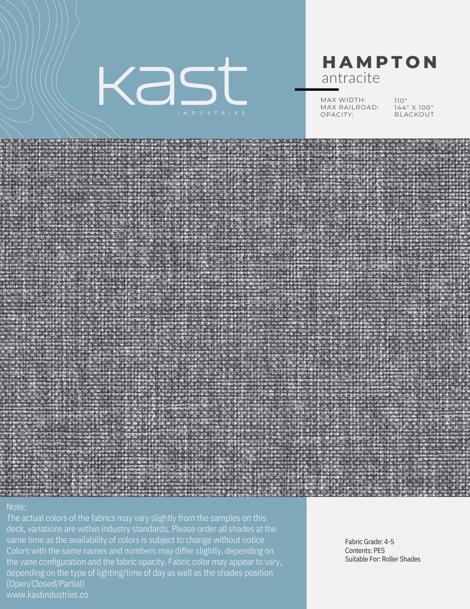 Sample swatch of Hampton antracite fabric by Kast Industries, showing a textured gray material with turquoise packaging label indicating details and usage.