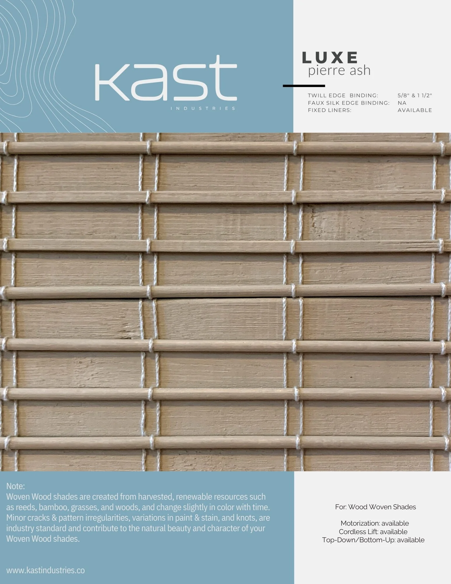 Packaging box for Kast Industries wood woven shades in the color Luxe Pierre Ash with horizontal wood slats tied with white strings.