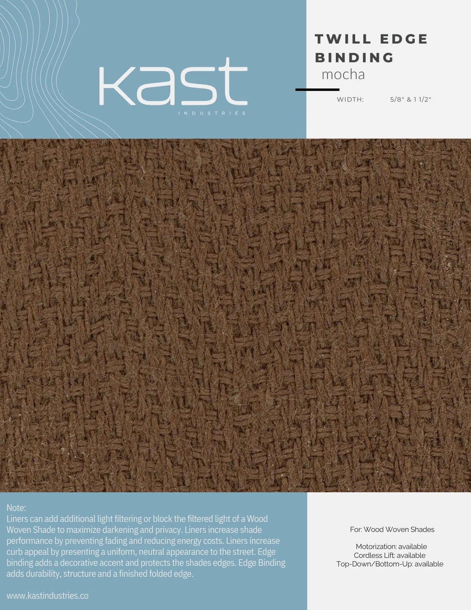 Close-up of a woven brown wood window shade with a label indicating it is a Mocha-colored twill edge binding.