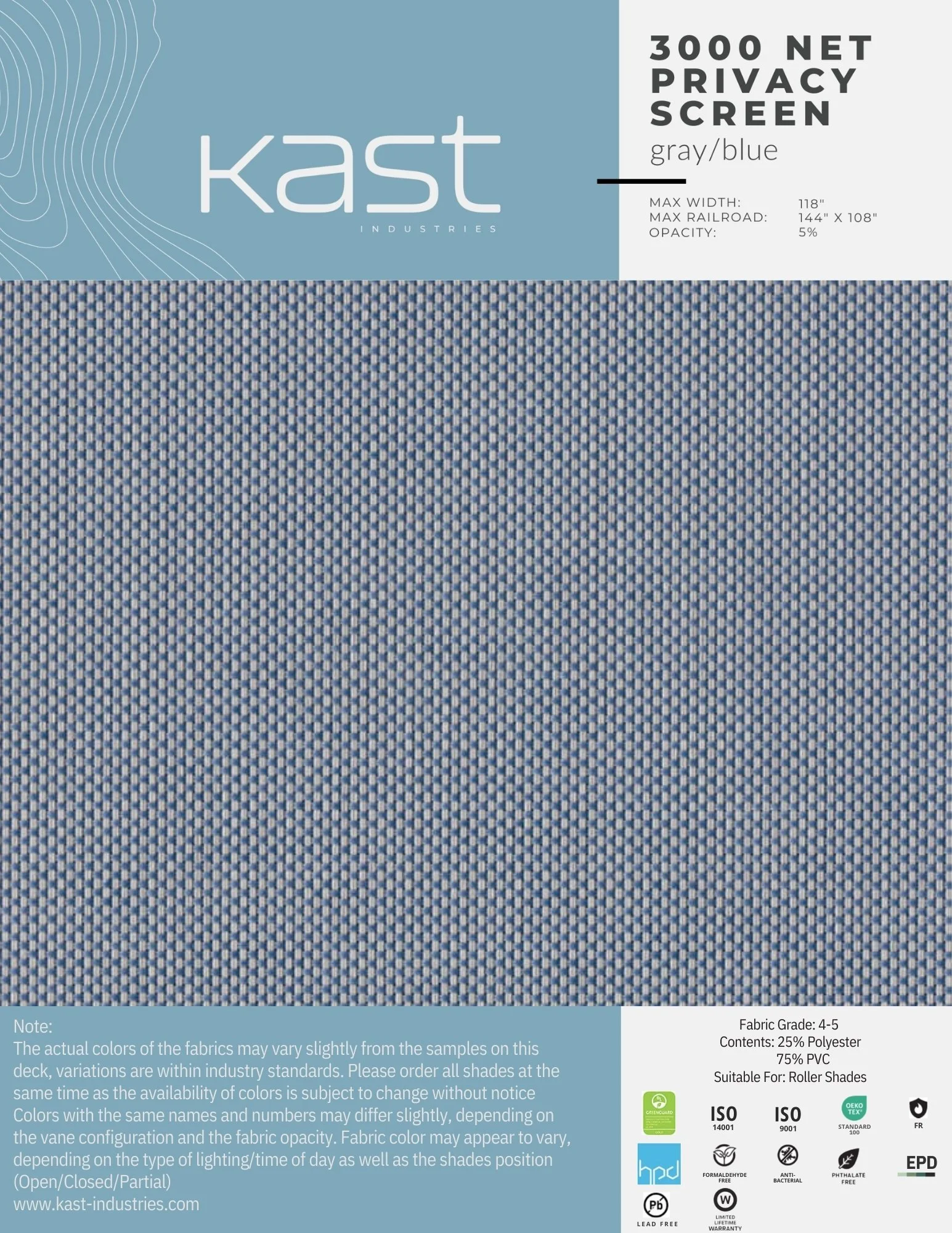 Packaging for a gray and blue privacy screen called '3000 NET PRIVACY SCREEN' by Kast Industries, including product specifications and certifications.