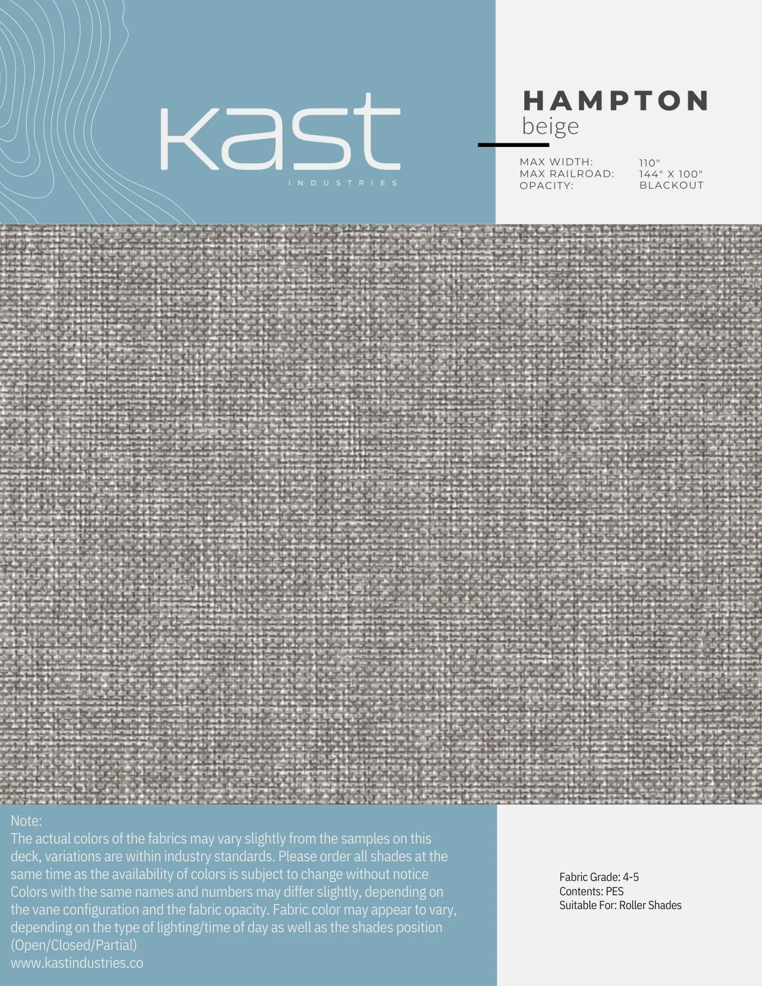 Swatch of beige roller shade fabric labeled as Hampton beige from Kast Industries, suitable for roller shades, with a mesh-like texture.
