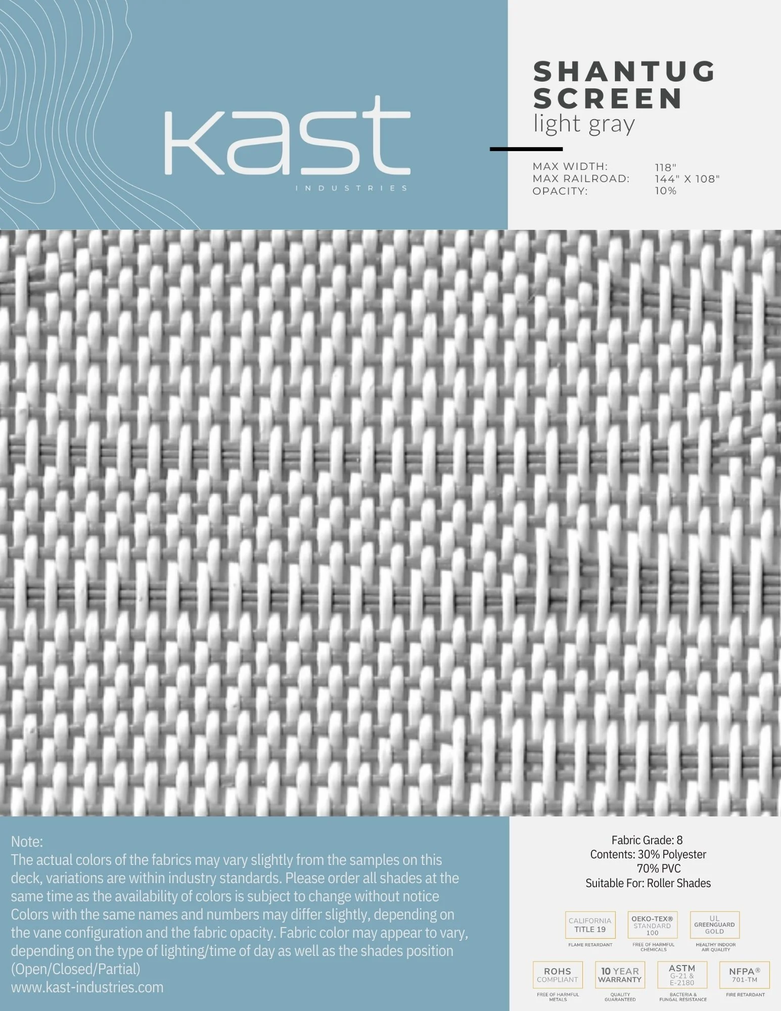 Close-up of a light gray woven roller shade fabric sample from Kast Industries, with product details and certifications listed on the packaging.