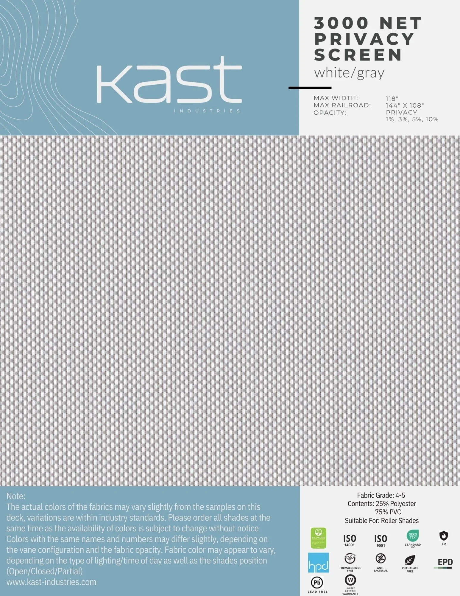 Packaging of Kast Industries' 3000 net privacy screen fabric in white/gray with a textured pattern.