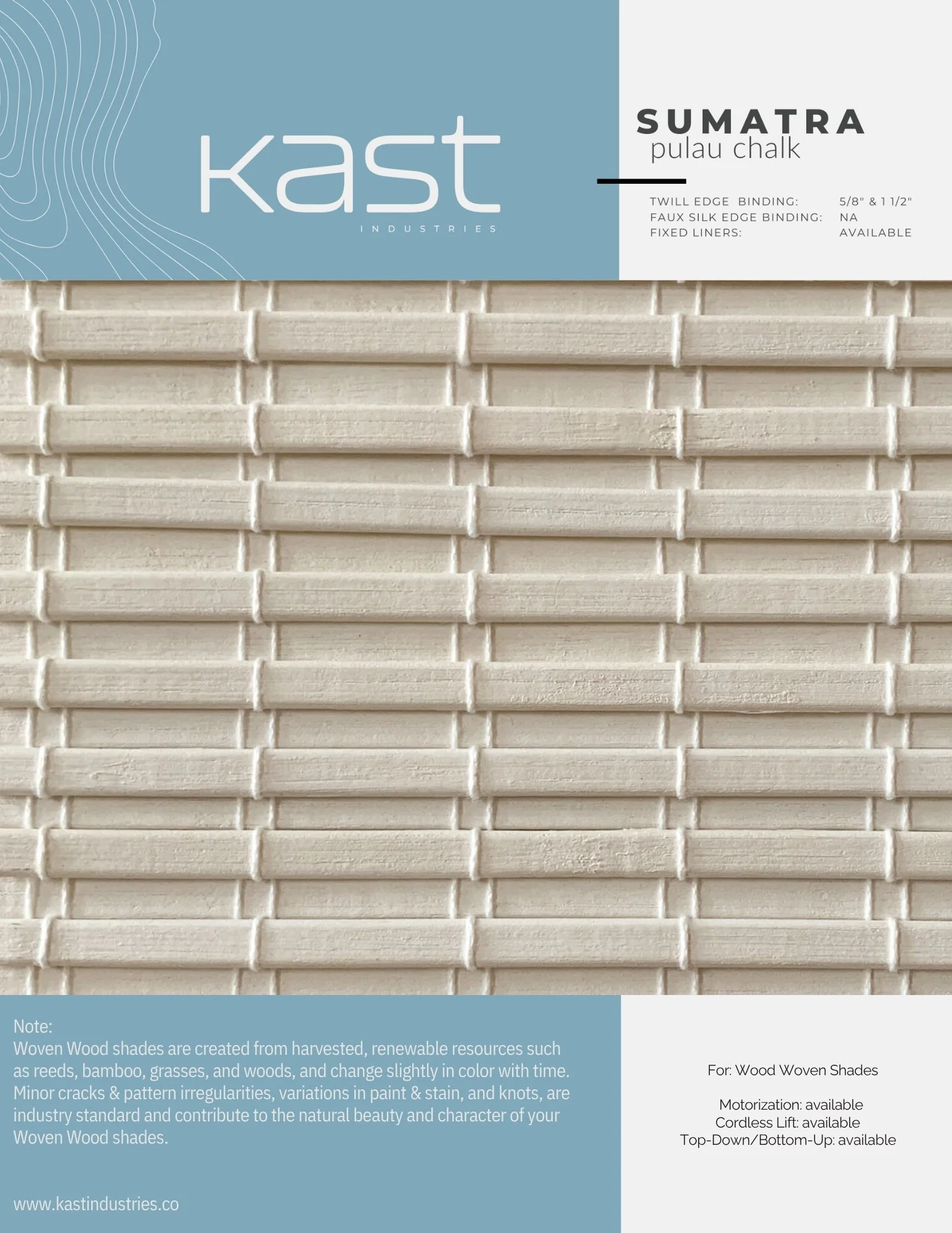 Packaging for Kast Industries Sumatra Pulau Chalk, textured woven wood panel with horizontal strips, blue and white label with product details and website.