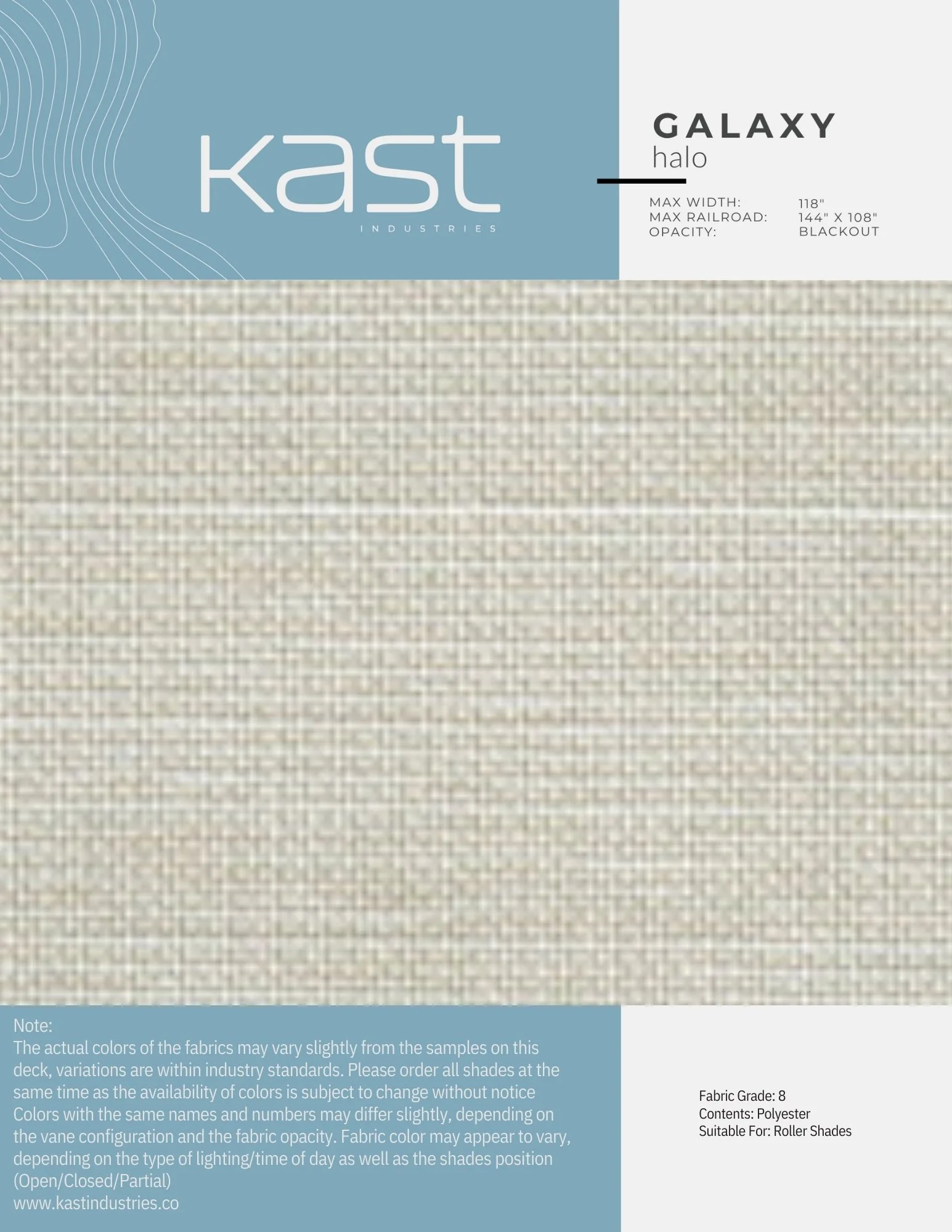 Sample fabric in a light beige color with a subtle grid pattern, part of Kast Industries' Halo Galaxy collection, suitable for roller shades.