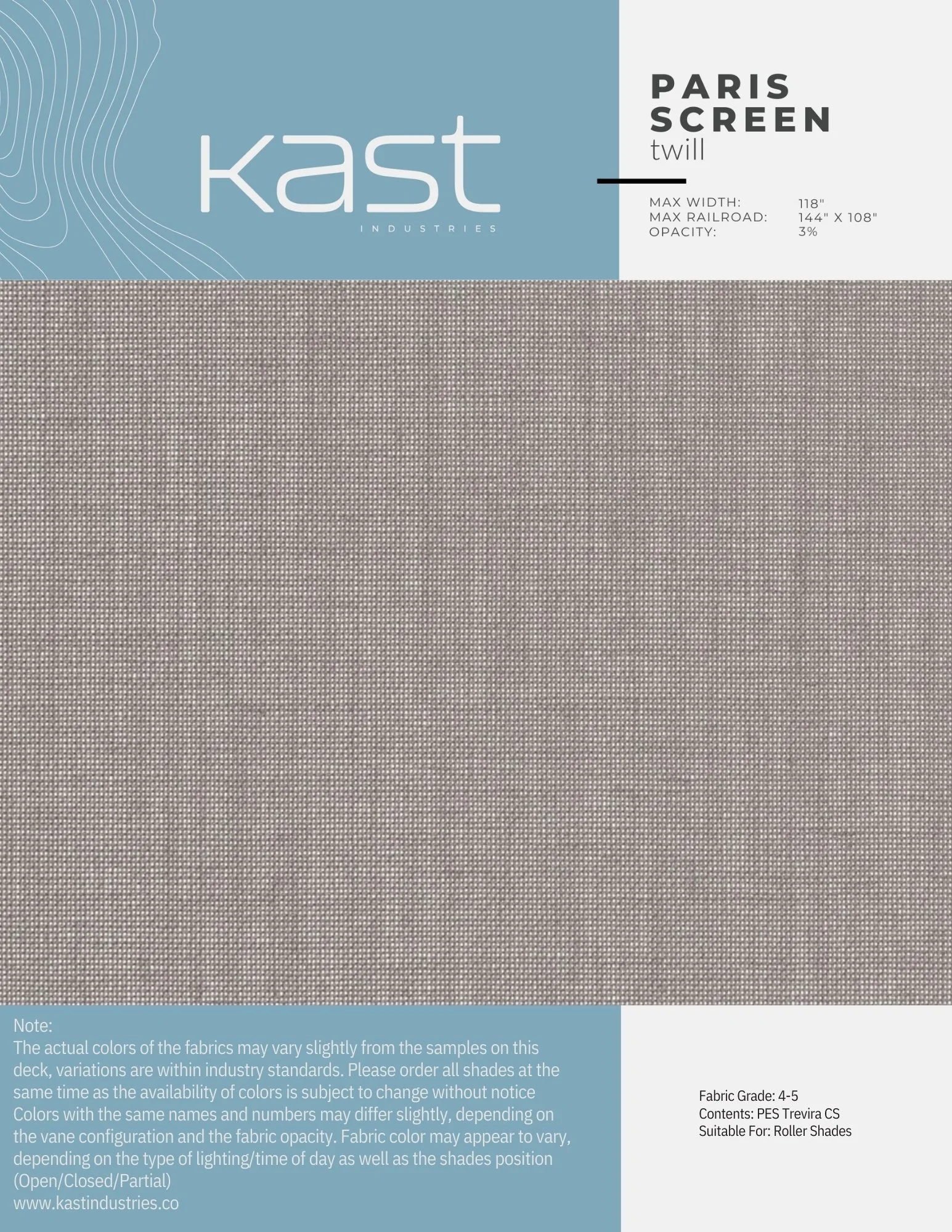 Sample swatch of Paris Screen Twill fabric by Kast Industries, showing a light gray textured textile with a small dot pattern, labeled for roller shades with specifications.