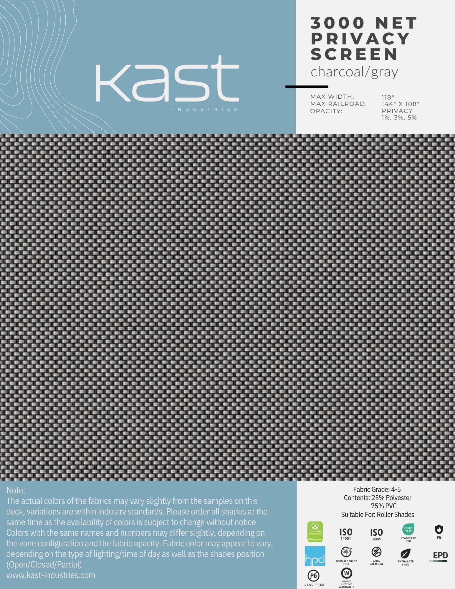 Packaging for Kast Industries' 3000 net privacy screen in charcoal gray, showing a close-up fabric pattern of small interwoven black and gray threads.