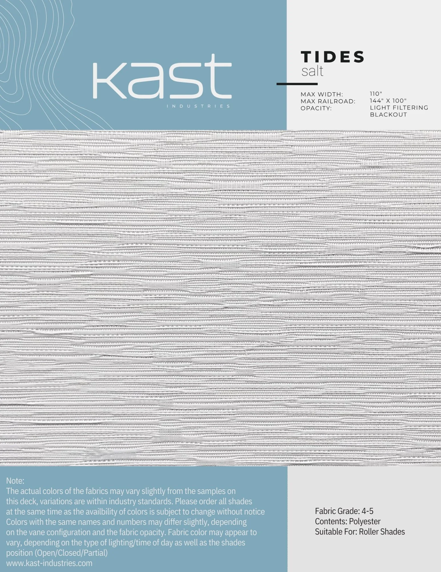Packaging for Kast Industries Tides Salt fabric, showing a light-colored textured fabric, with details about dimensions, opacity, fabric grade, contents, and suitability for roller shades.