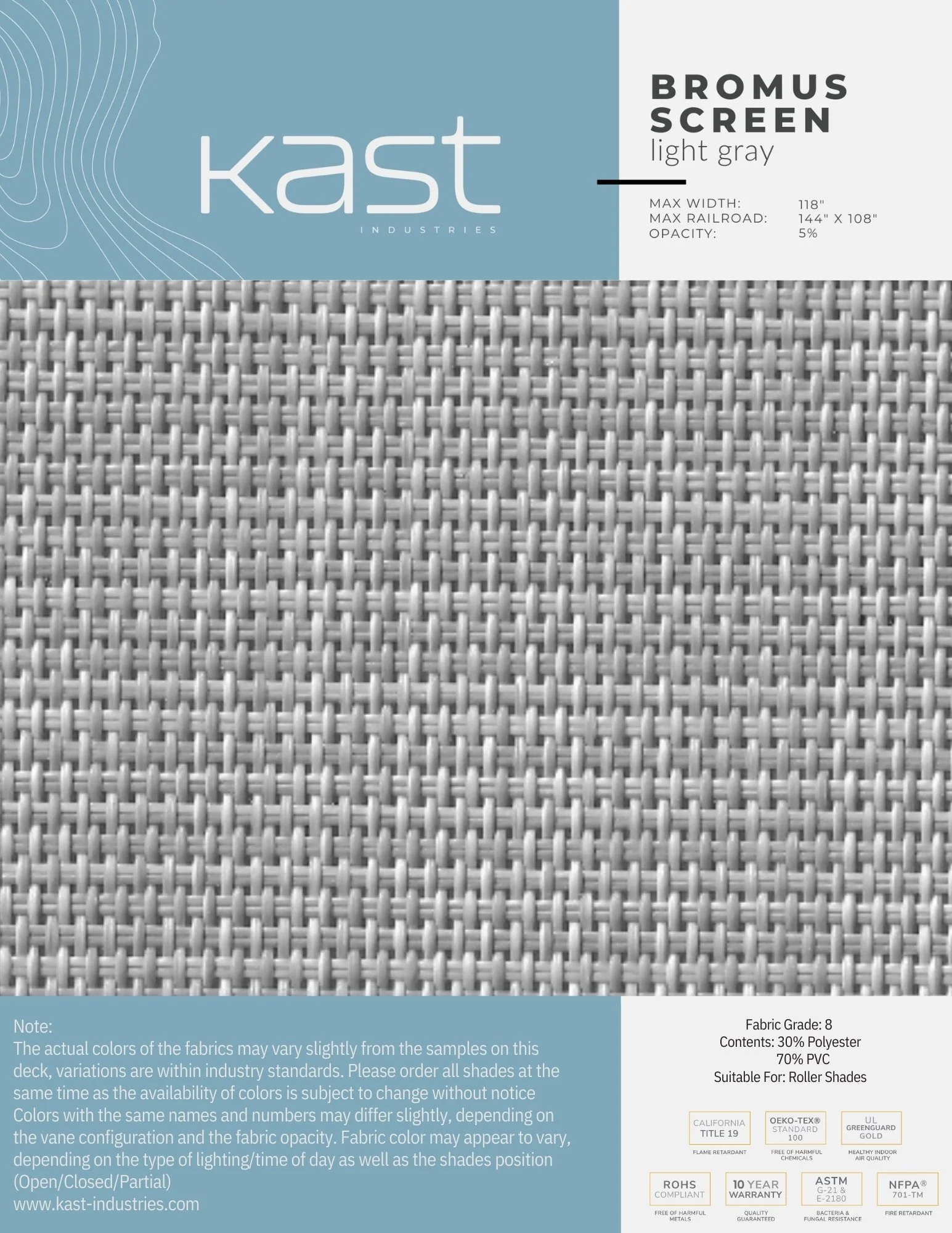 Packaging of light gray woven fabric roll from Kast Industries with product details and certifications.