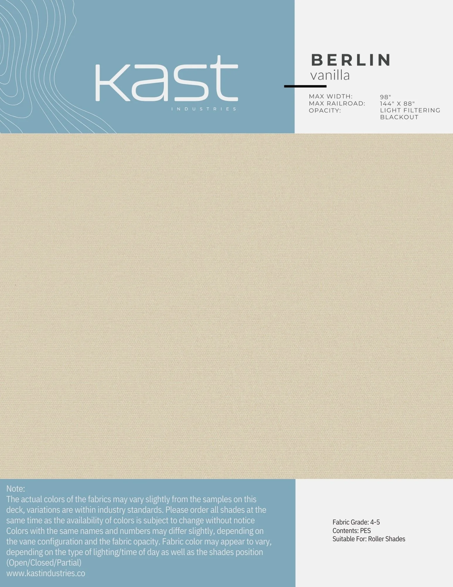 Color swatch called 'Berlin Vanilla' fabric sample by Kast Industries, showing light beige color with specifications for maximum width and railroad, and details about opacity and blackout properties.