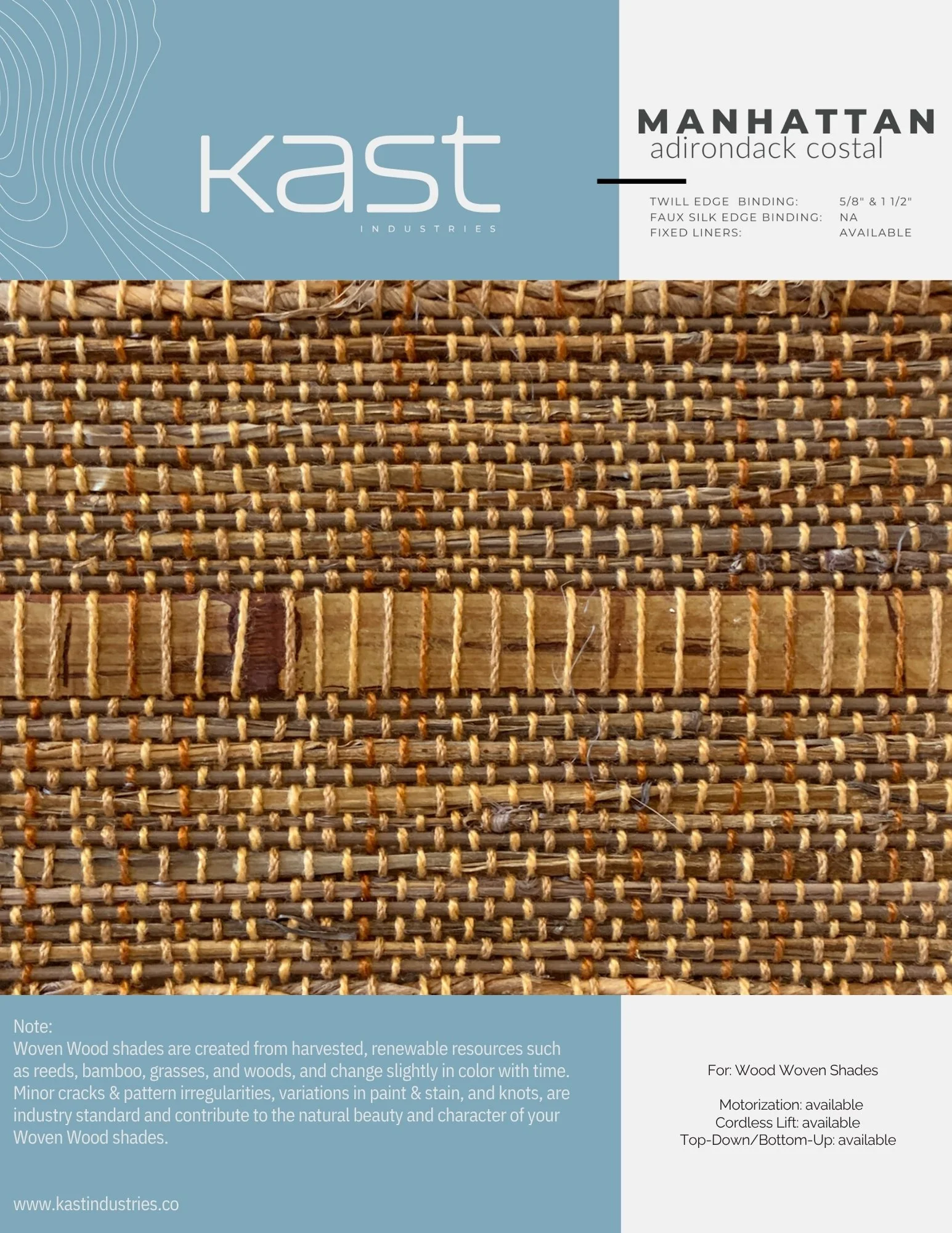 Close-up of woven wood shades with a blue and white label on top, indicating they are Manhattan Adirondack Coastal style from Kast Industries.