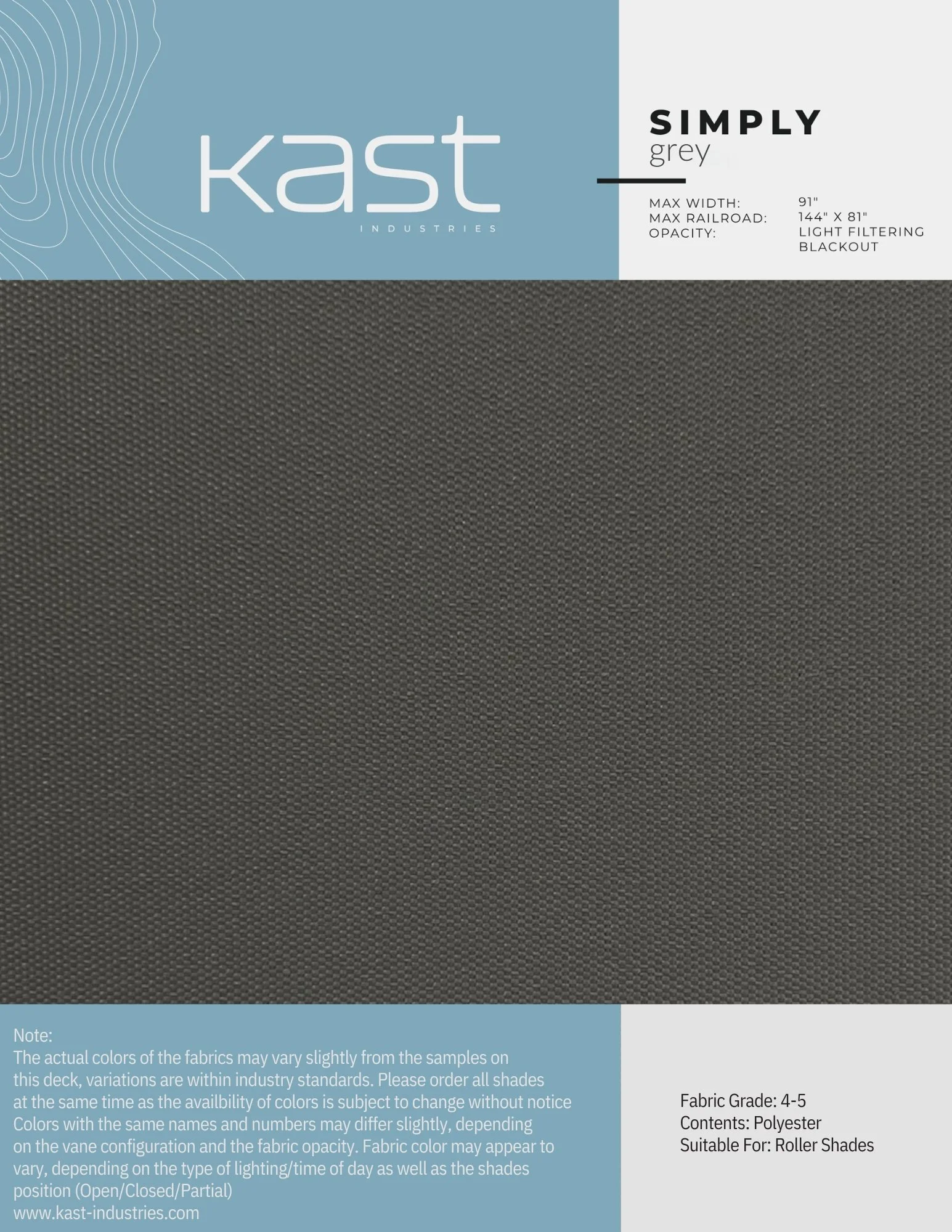 Sample fabric swatch in grey color for roller shades, made of polyester, with a subtle textured pattern and light filtering opacity.