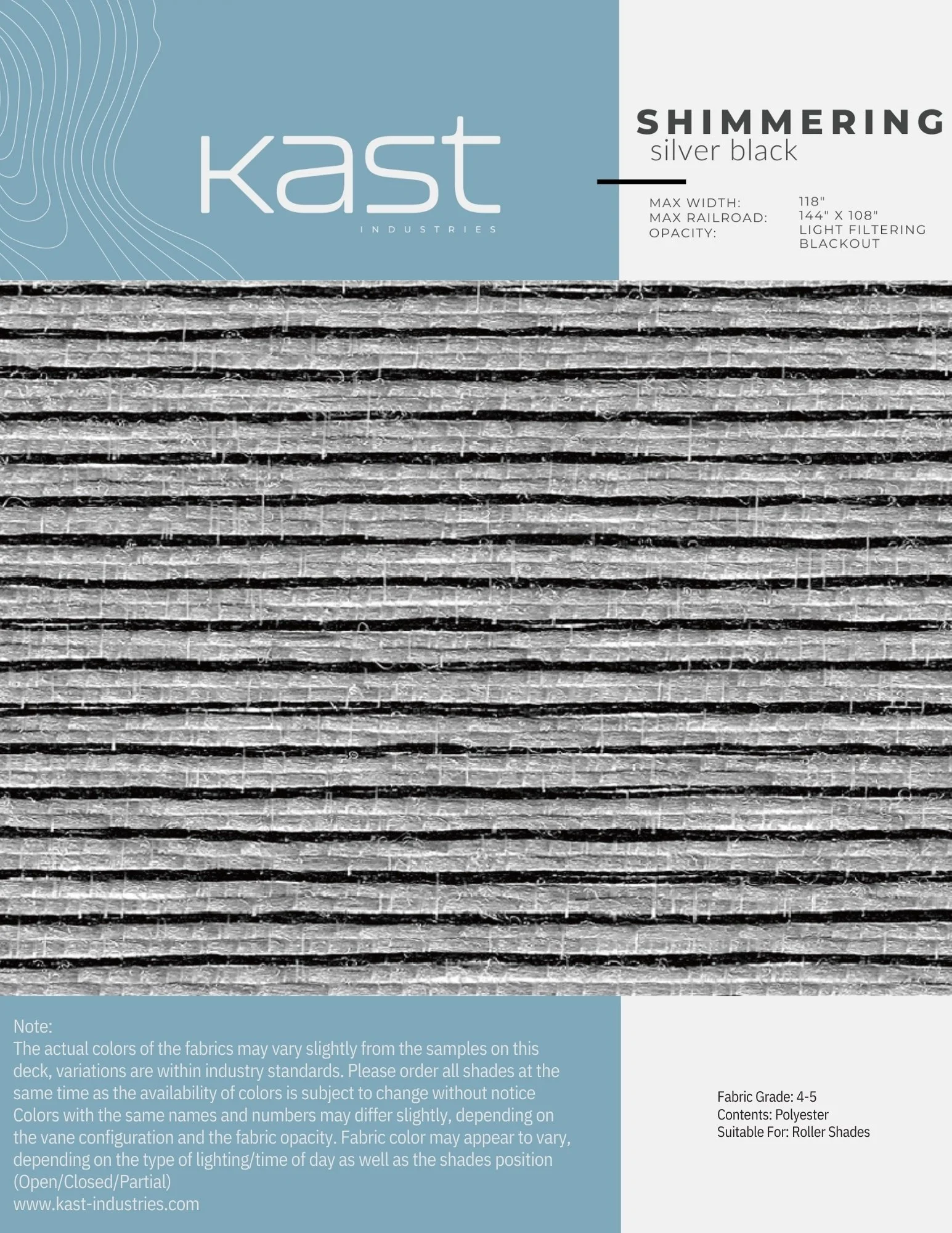 Close-up of a woven roller shade with a silver and black color scheme, displayed on a packaging label for Kast Industries' Shimmering blackout roller shade fabric.