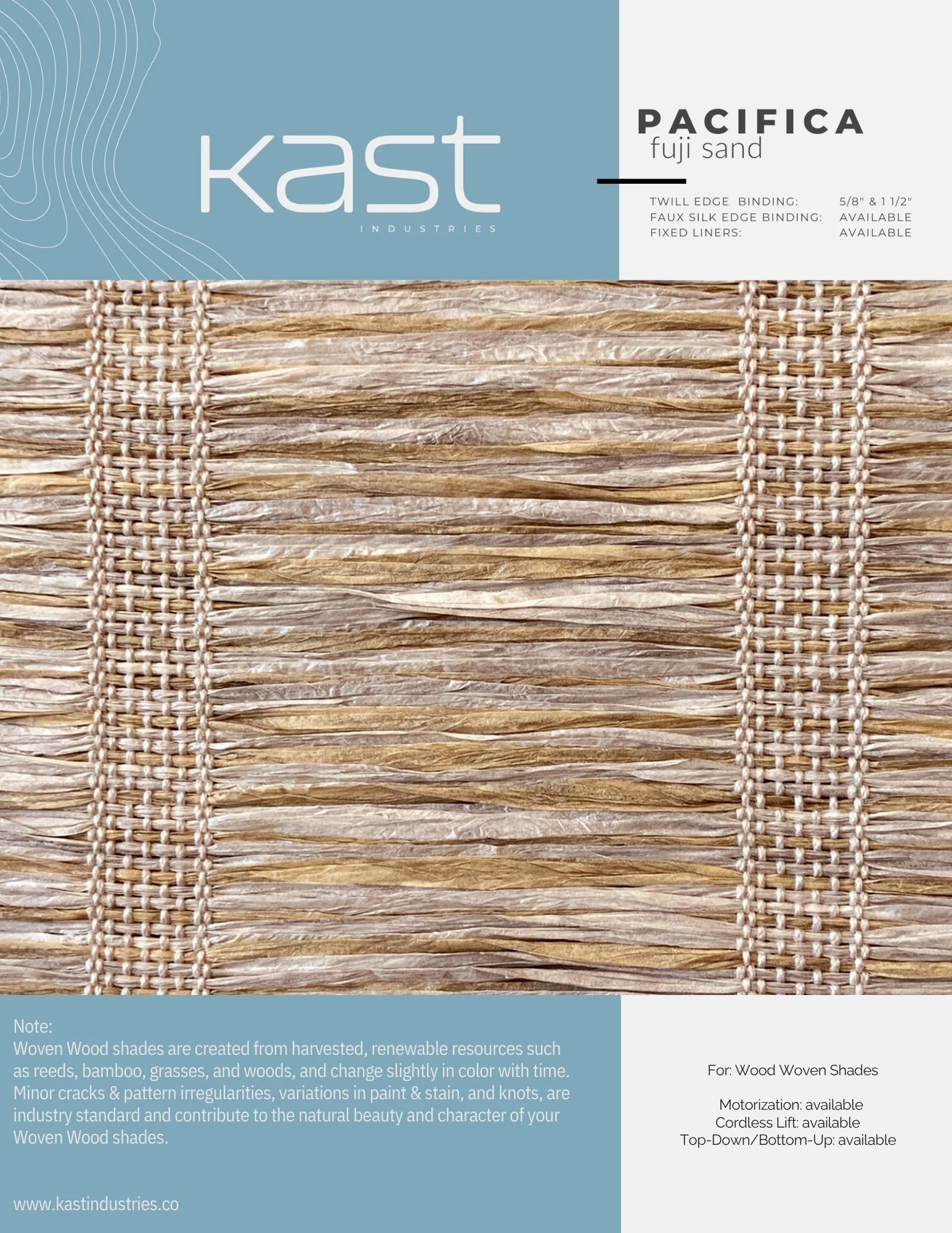 Package of Kast Industries Pacifica Fuji Sand woven wood window shades with a bamboo and reed design, featuring a light natural color and decorative stitching.