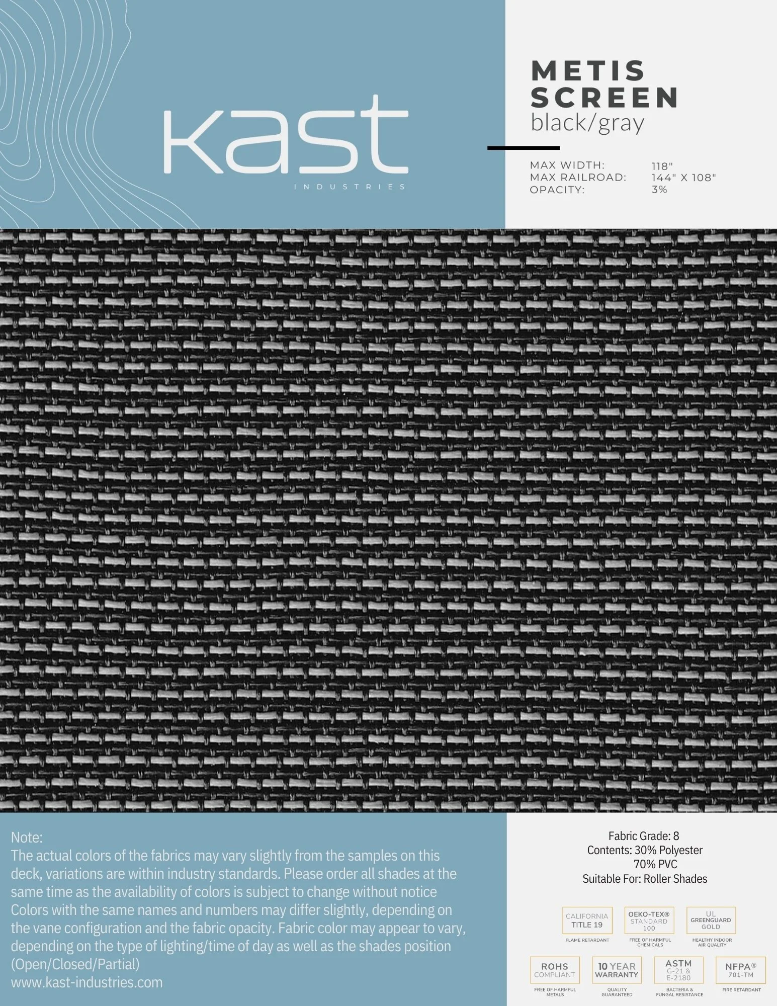 Close-up of a black/gray woven roller shade fabric sample from Kast Industries, labeled 'Metis Screen'.