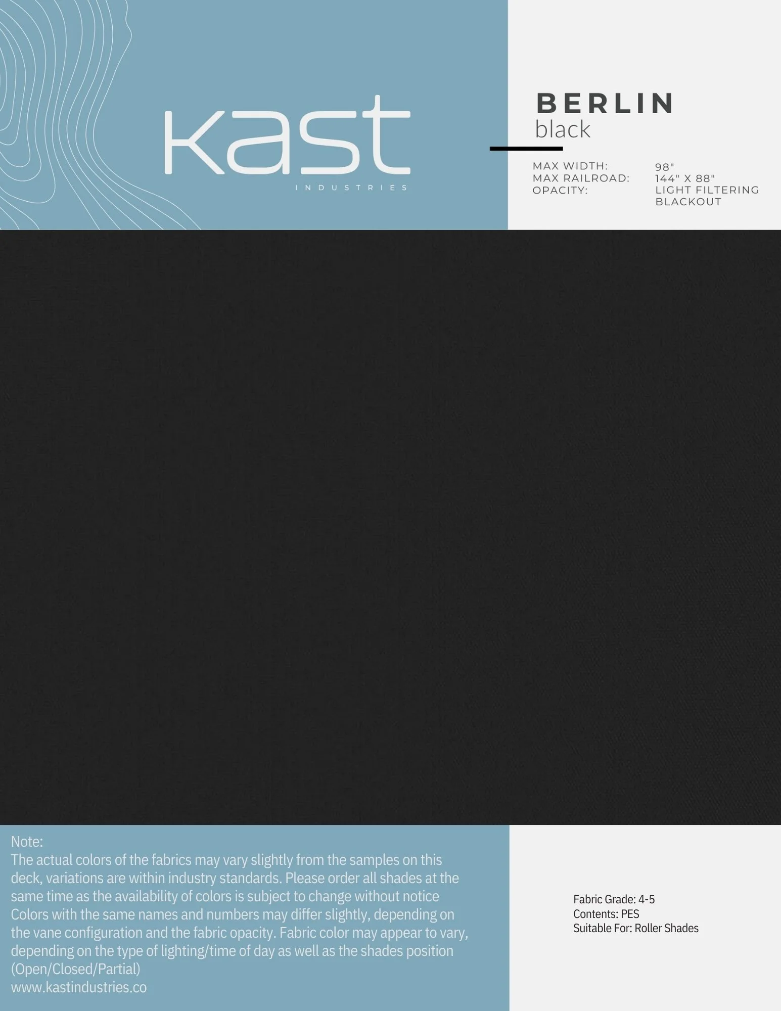 Black fabric sample from Kast Industries labeled 'Berlin' with specifications for maximum width, maximum railroad, opacity, and recommended for roller shades.