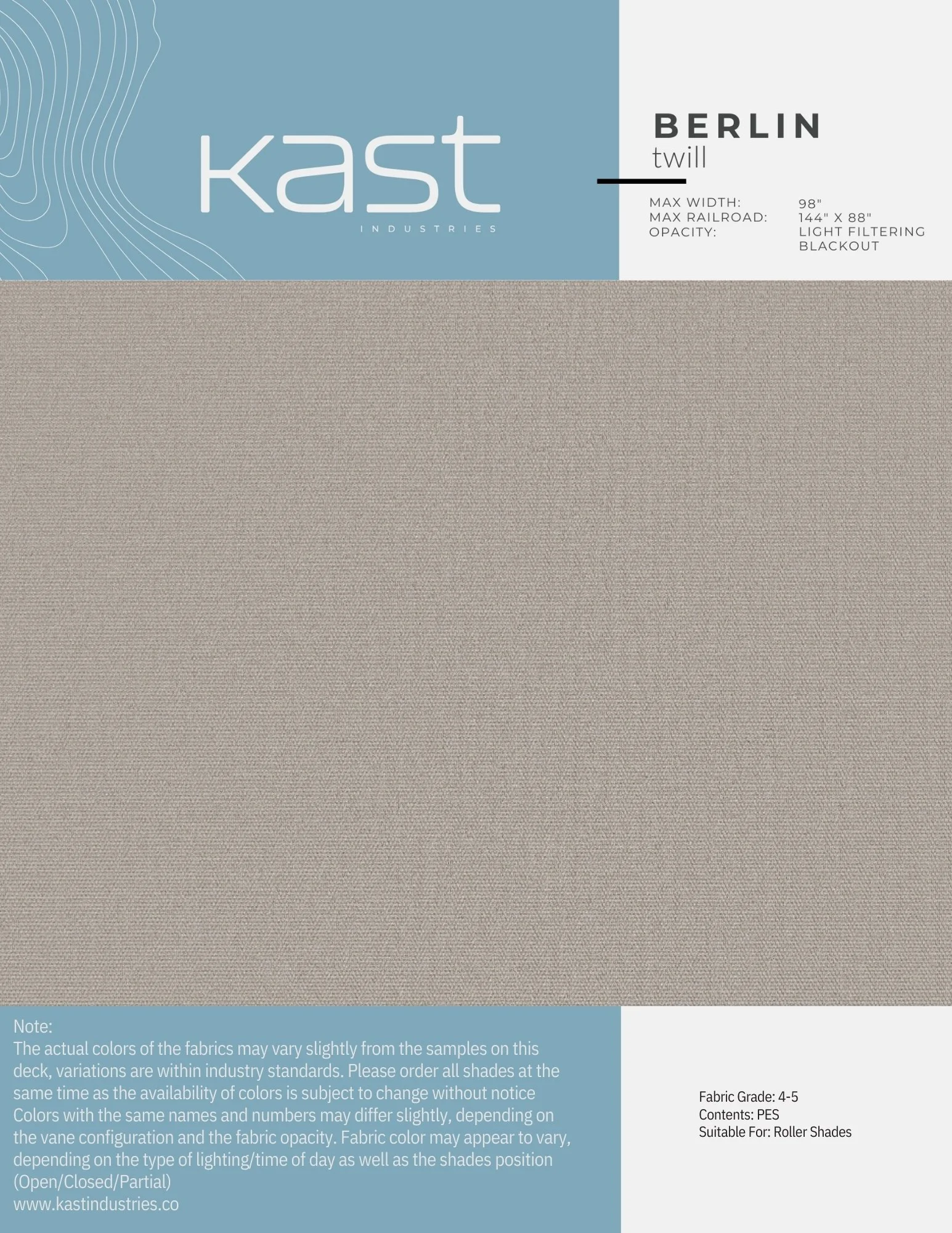 Sample swatch of beige twill fabric from Kast Industries with packaging label indicating the color name 'Berlin', suitable for roller shades, with a max width of 98 inches.