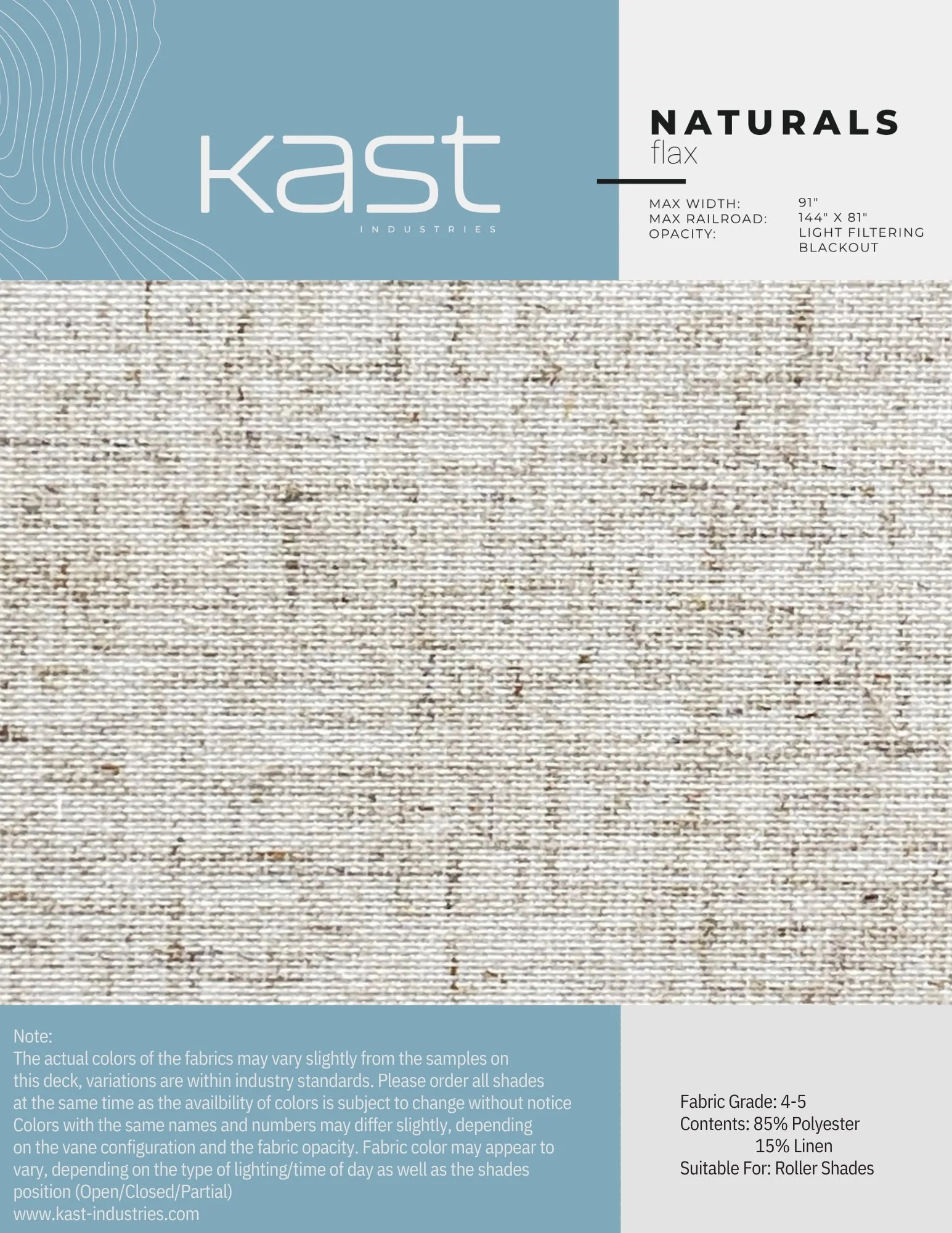 Sample fabric swatch labeled as 'NATURALS flax' with a textured beige color. Packaging includes details about maximum width, railroad, opacity, and contents, indicating a blend of 85% polyester and 15% linen, suitable for roller shades.