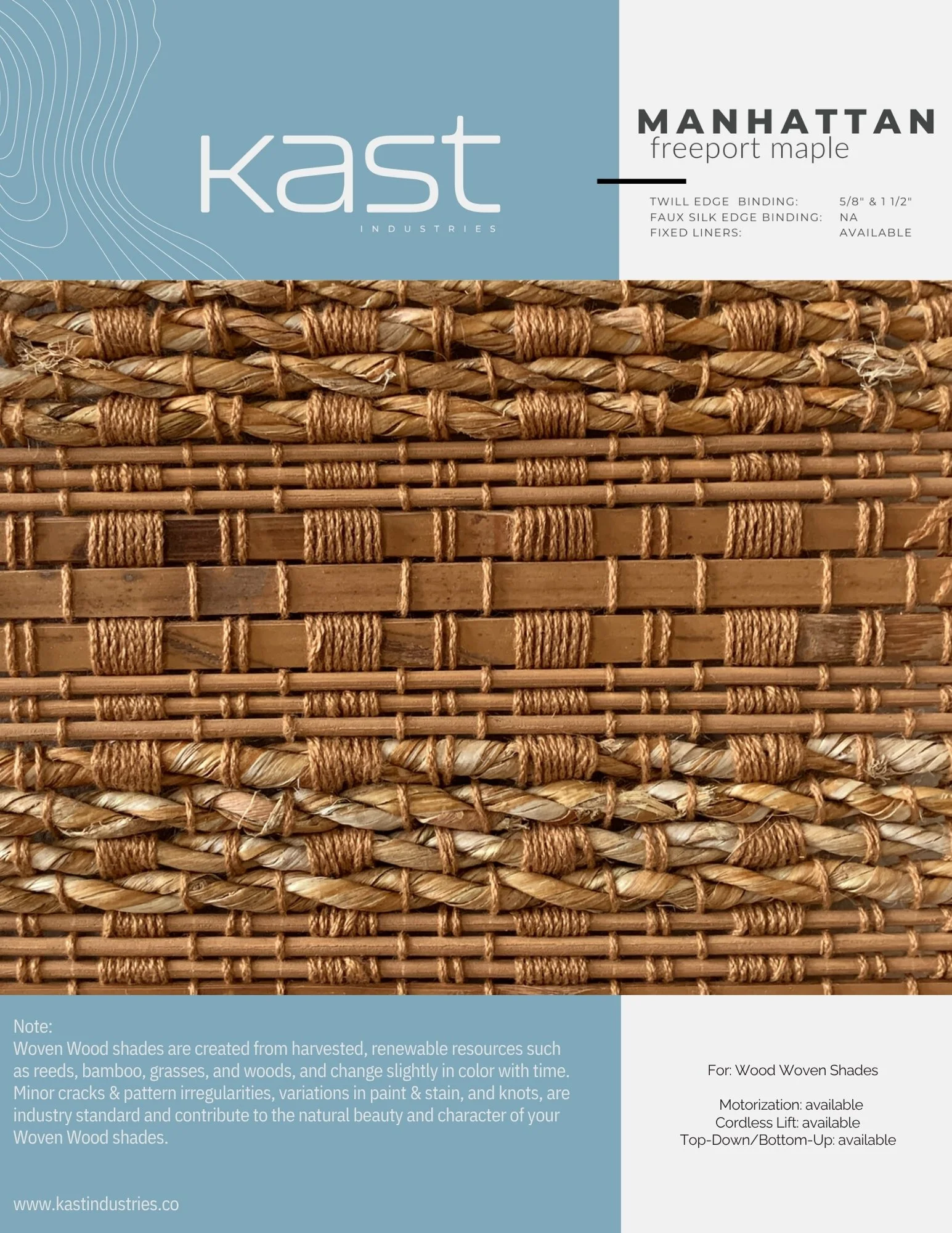 Close-up of woven wood shades with varied textures and patterns. Label indicates it's for Manhattan Freeport Maple, with details about binding and available features.