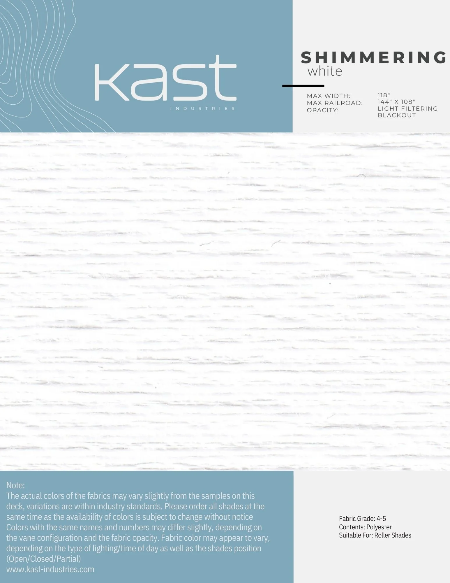 Packaging for Kast Shimmering White sheer fabric, with information on dimensions, opacity, and materials, designed for roller shades.
