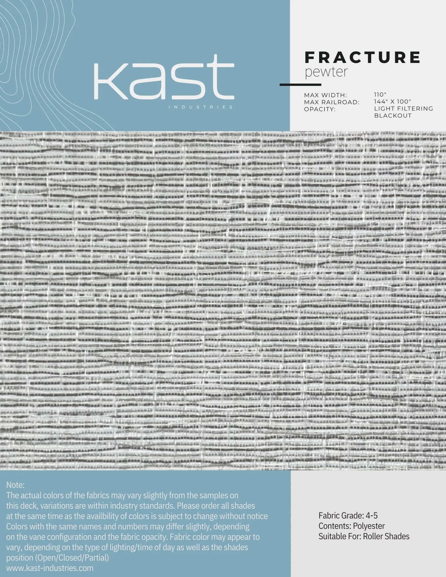 Sample swatch of textured fabric with black, white, and gray threads, used for roller shades, with labeling details about dimensions, opacity, and suitability.
