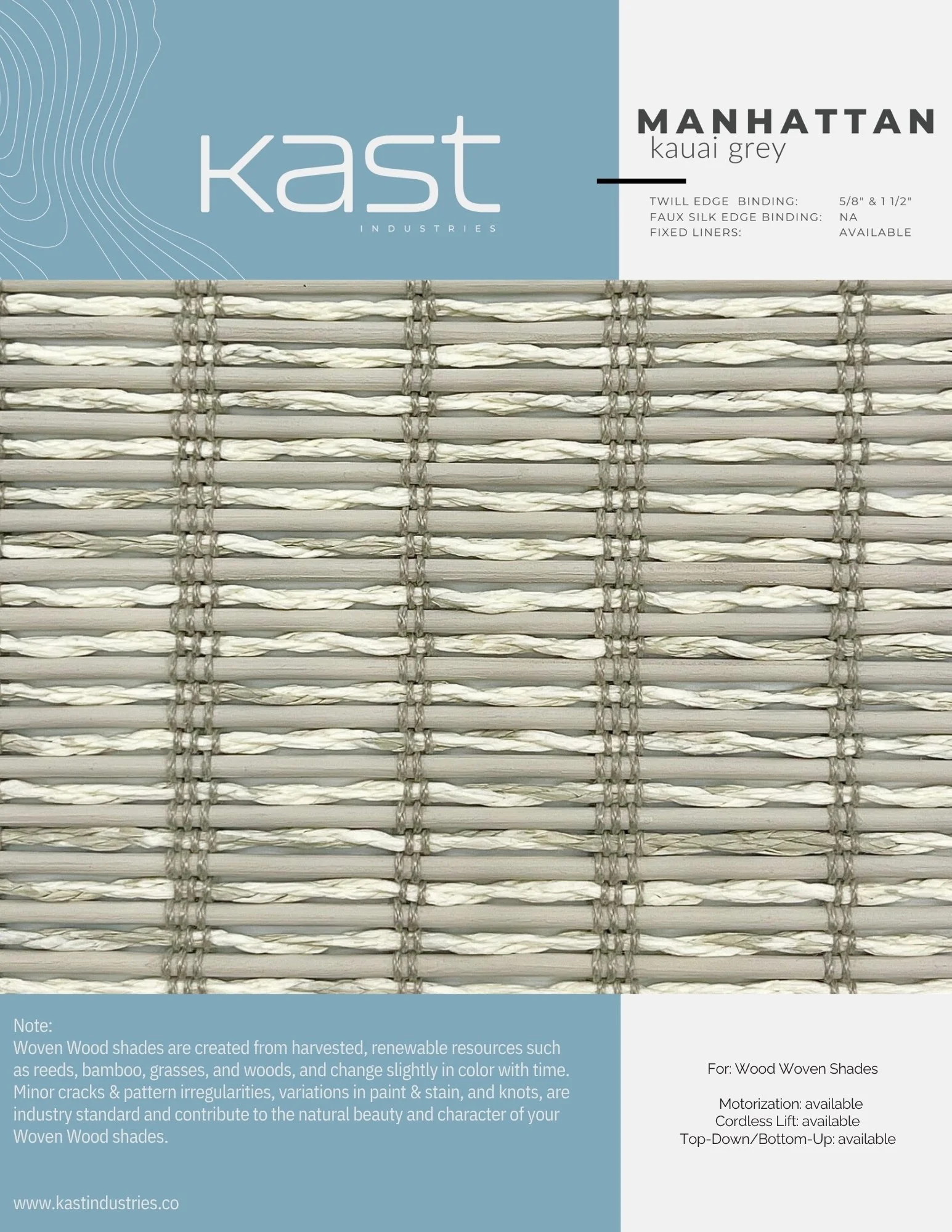 Close-up of a material sample of woven wood shades in a light taupe color, with packaging labels indicating it is for wood woven shades, manufactured by Kast Industries, with details about bonding, lining options, and compatibility.